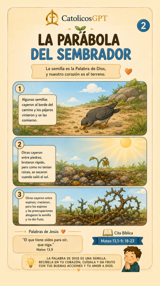 La Parabola del sembrador para Niños | CatólicosGPT IA Católica - Diapositiva 2