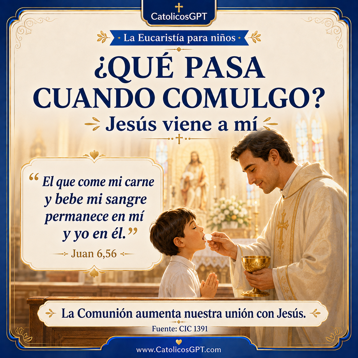 Infografía católica CatólicosGPT IA Católica: La Eucaristia para Niños - La Primera Comunion