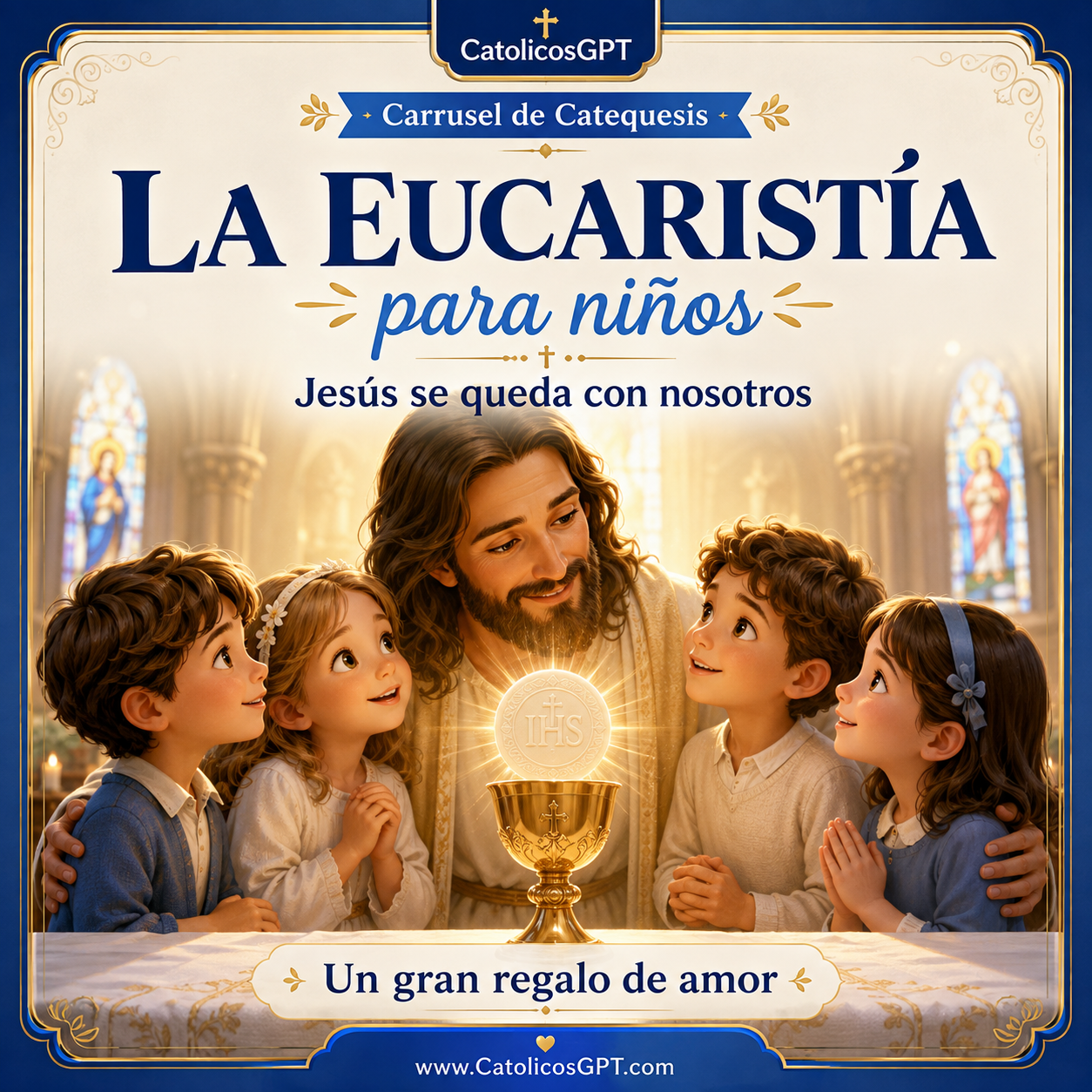 Infografía católica CatólicosGPT IA Católica: La Eucaristia para Niños - La Primera Comunion