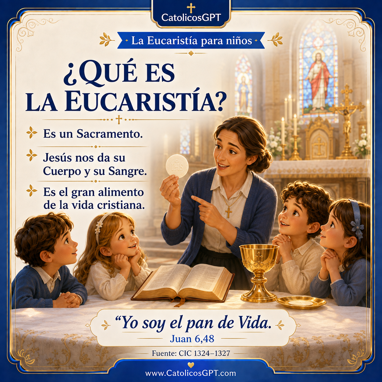 Infografía católica CatólicosGPT IA Católica: La Eucaristia para Niños - La Primera Comunion