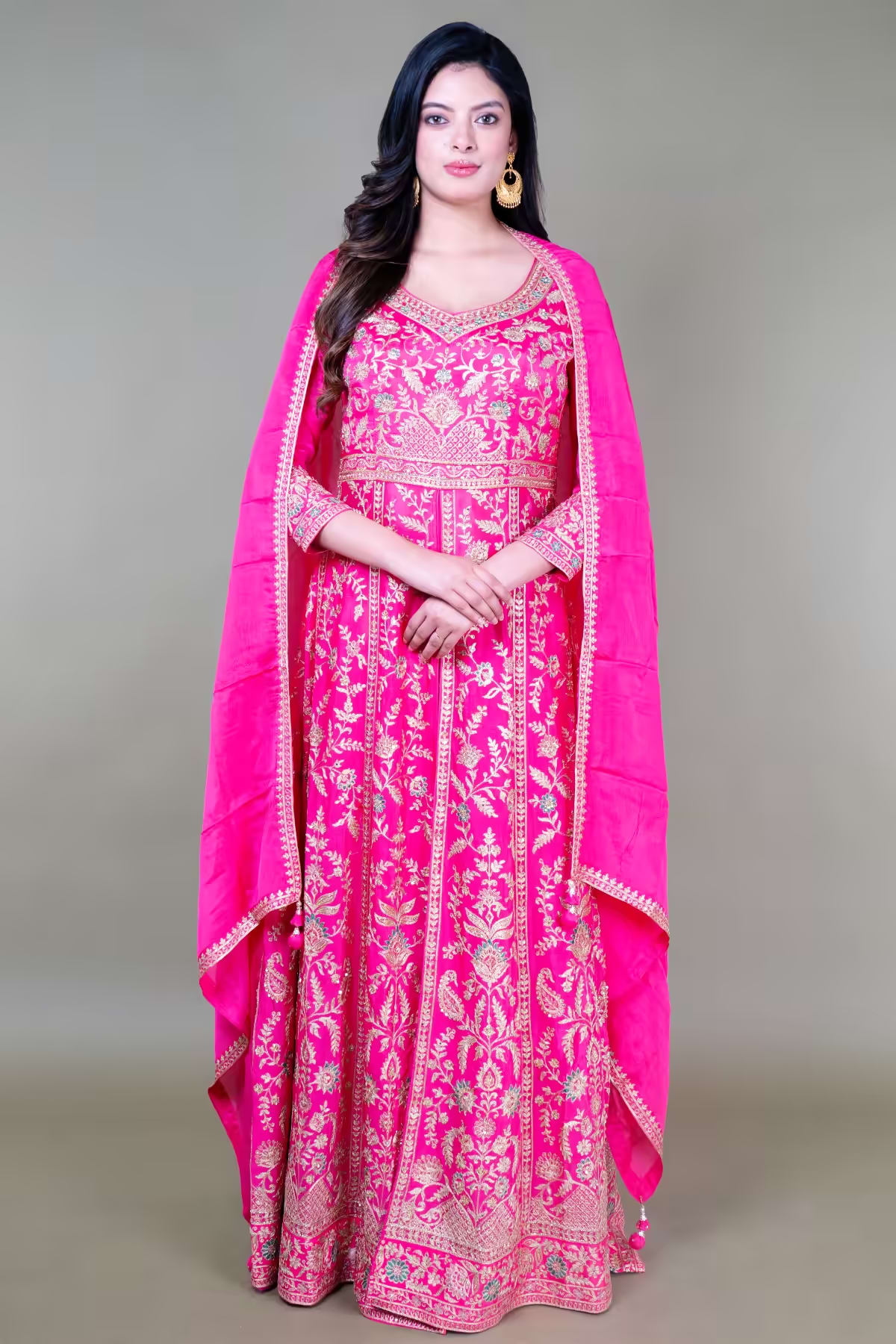 Rani Pink Long Anarkoli+Middle Cut Suit With Skirt