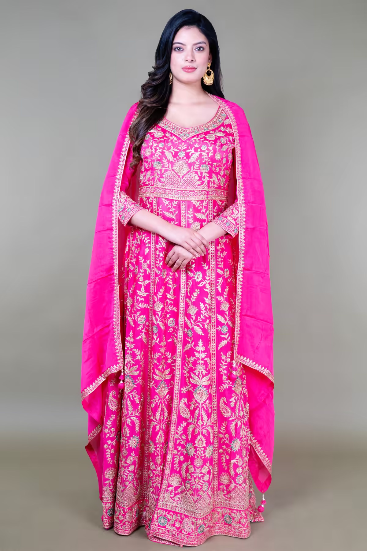 Rani Pink Long Anarkoli+Middle Cut Suit With Skirt