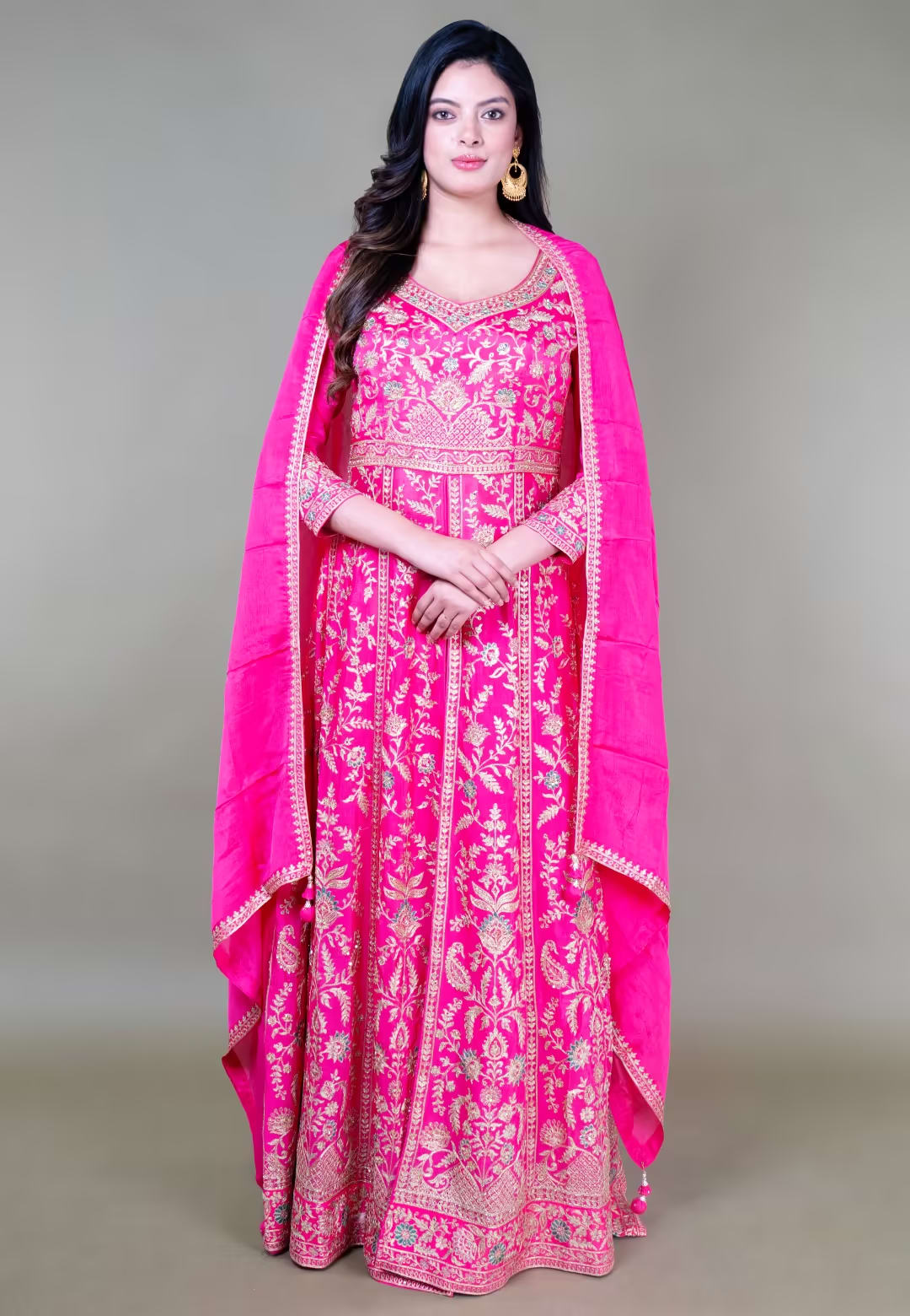 Rani Pink Long Anarkoli+Middle Cut Suit With Skirt