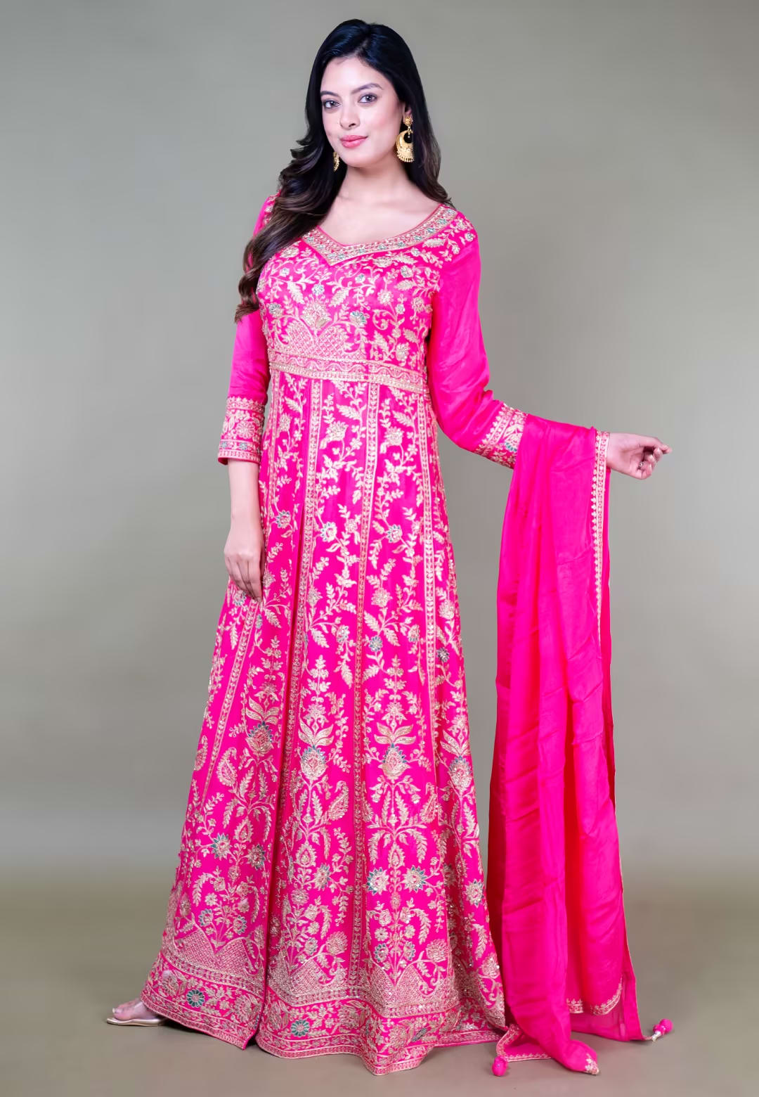 Rani Pink Long Anarkoli+Middle Cut Suit With Skirt