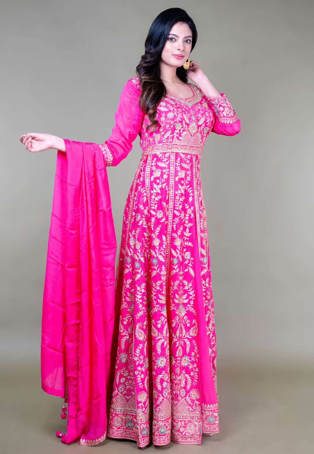 Rani Pink Long Anarkoli+Middle Cut Suit With Skirt