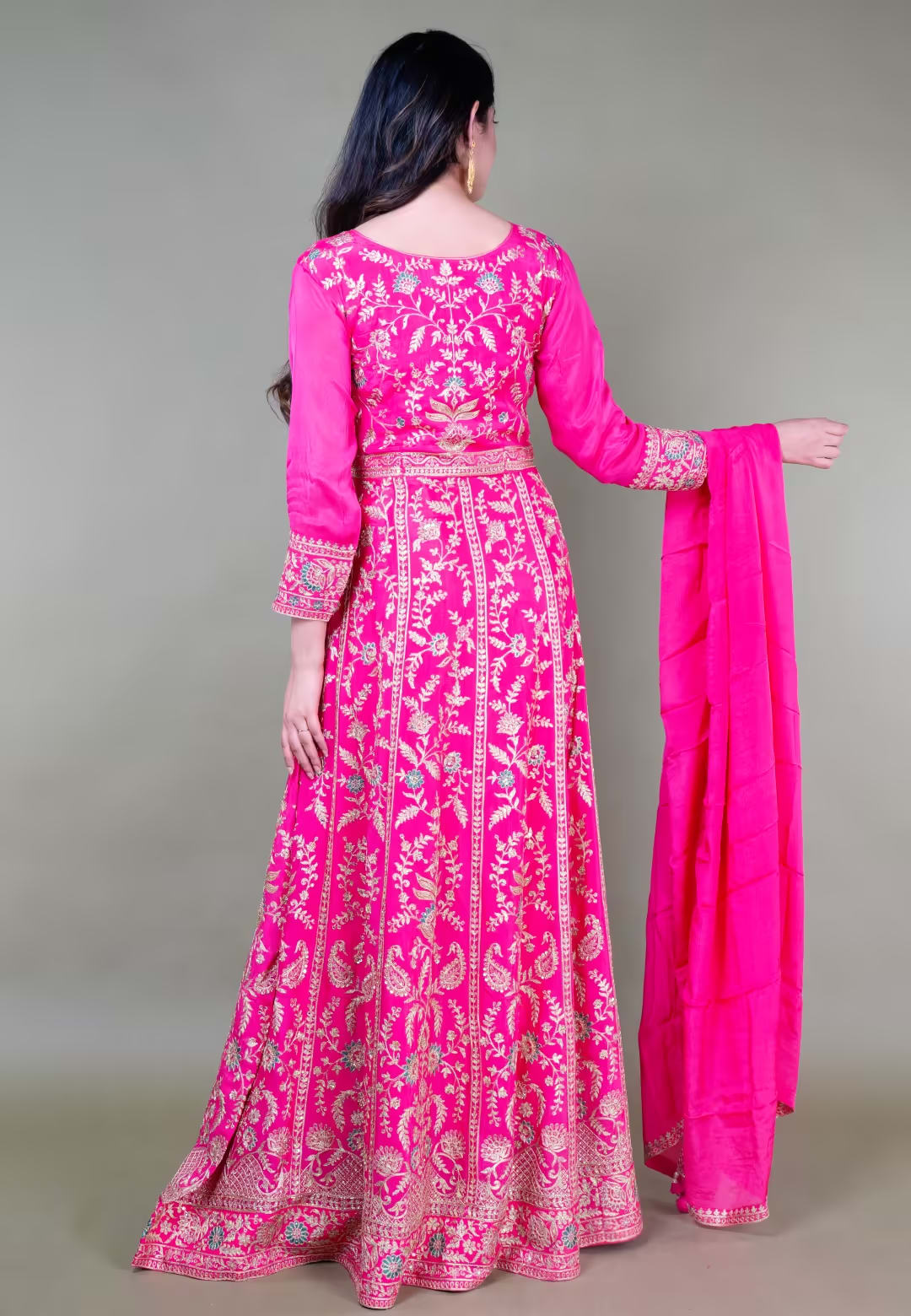 Rani Pink Long Anarkoli+Middle Cut Suit With Skirt