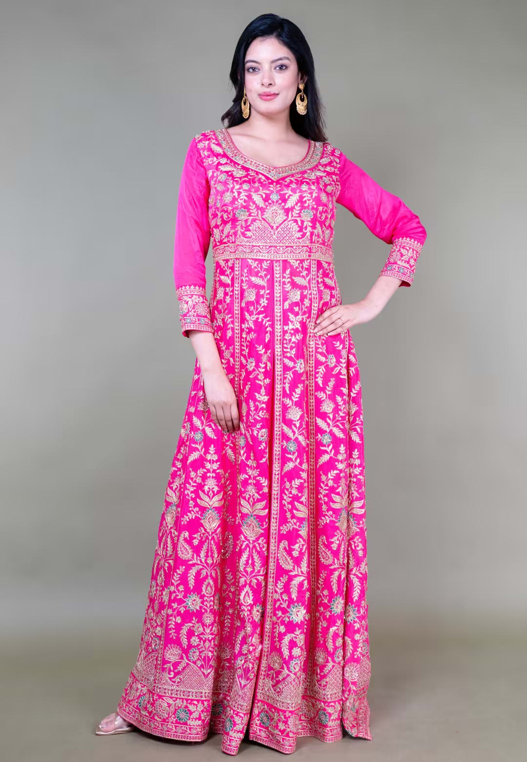 Rani Pink Long Anarkoli+Middle Cut Suit With Skirt
