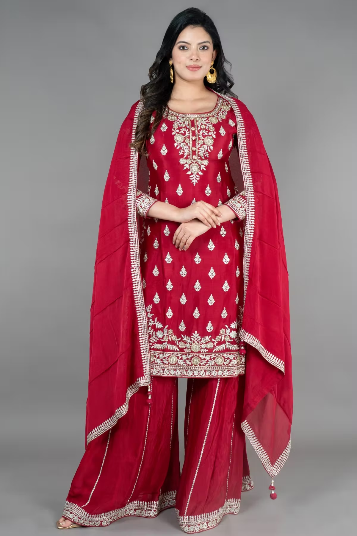 Maroon Straight Suit With Palazzo Pant