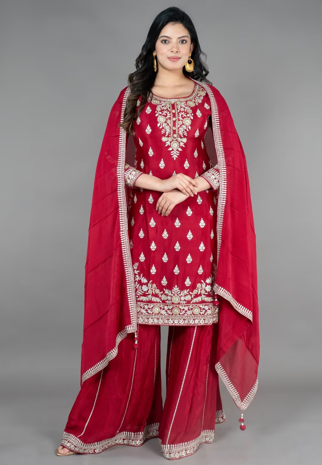 Maroon Straight Suit With Palazzo Pant