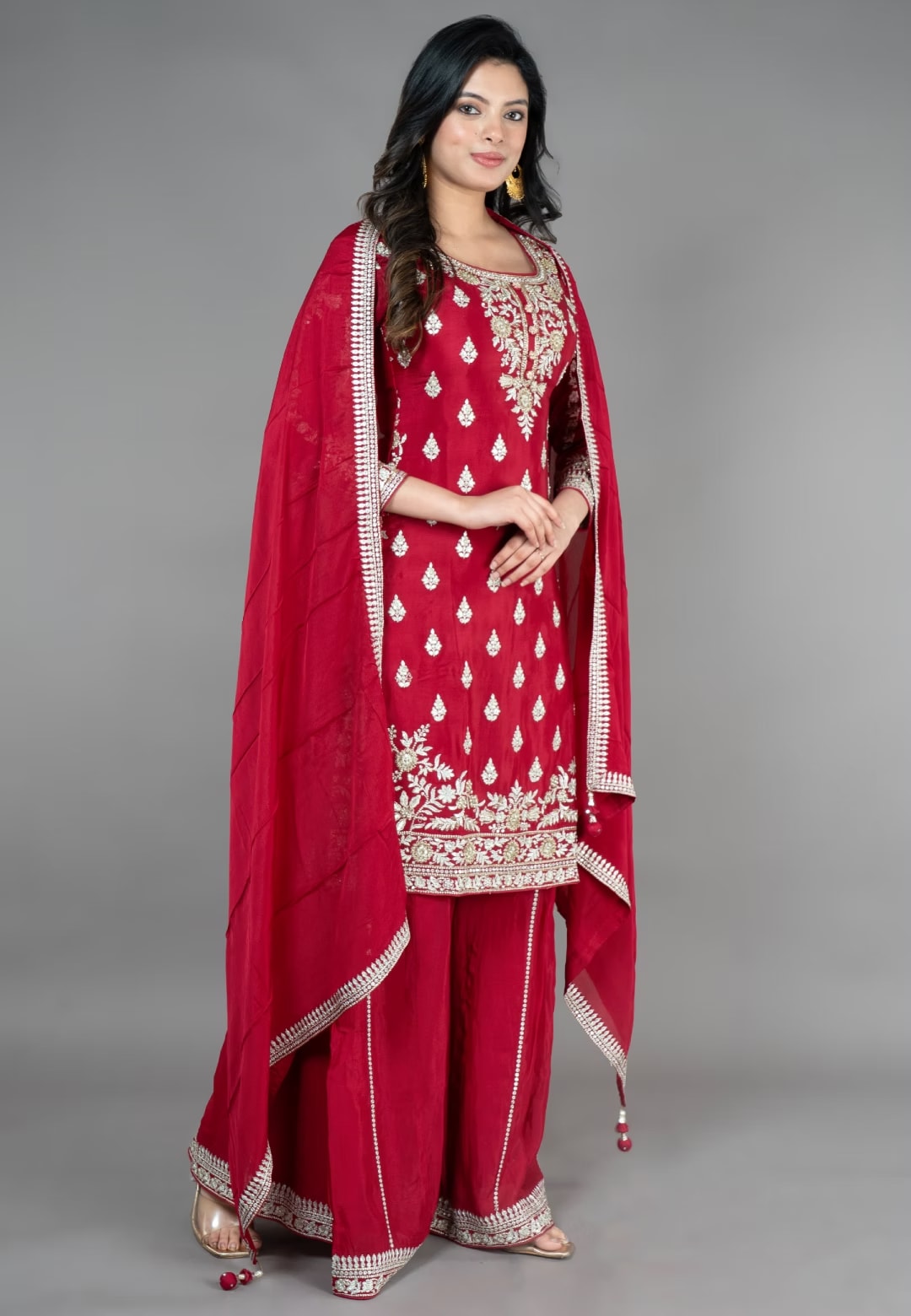 Maroon Straight Suit With Palazzo Pant