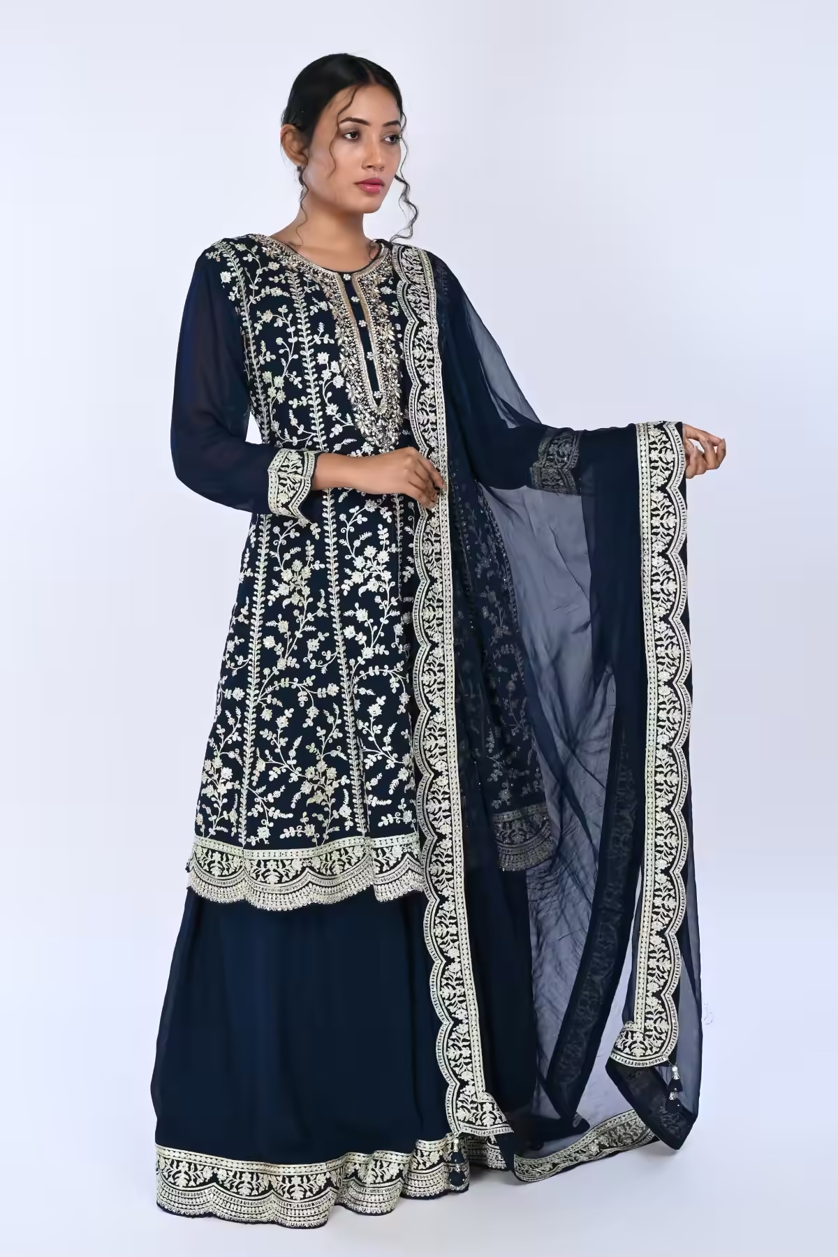 Navy Paplom Suit With Skirt
