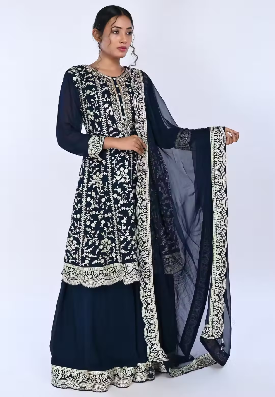 Navy Paplom Suit With Skirt