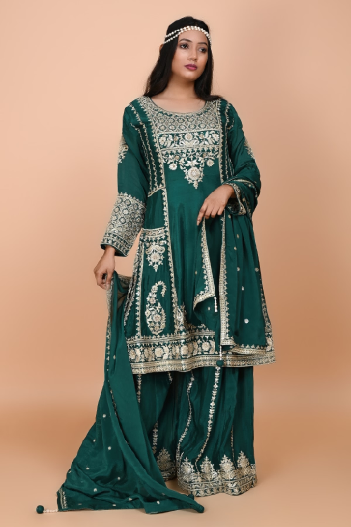 Bottle Green Straight Suit With Palazzo Pant