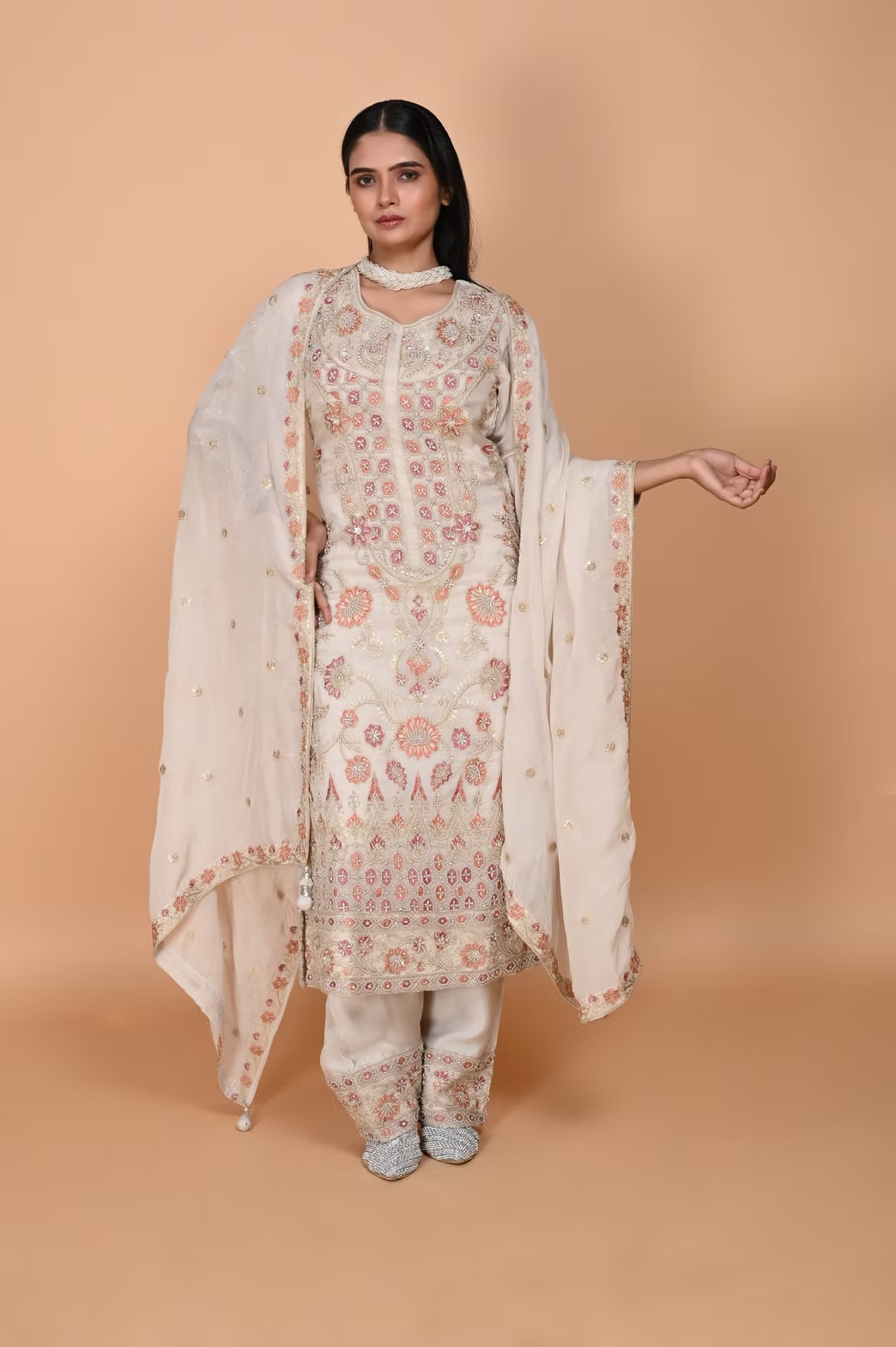 Beige Long straight suit with pants