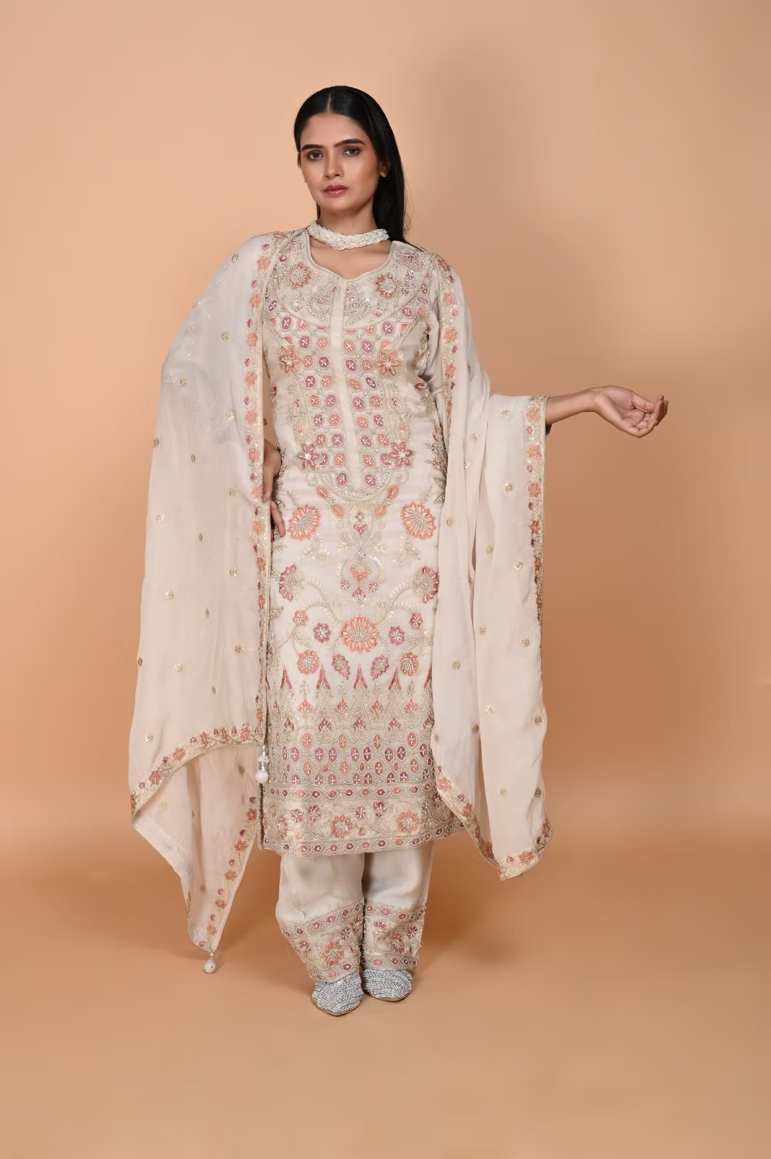 Beige Long straight suit with pants