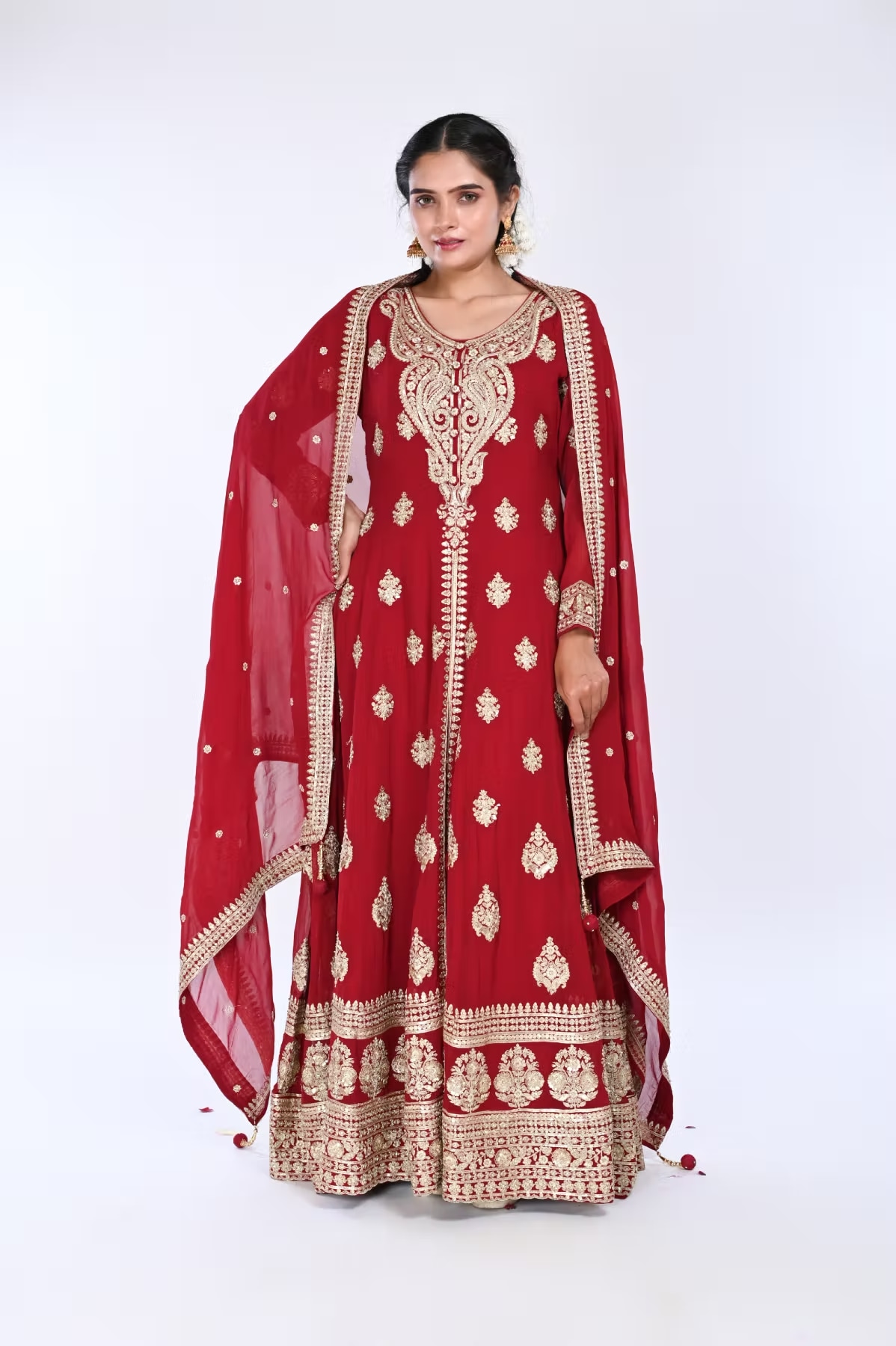 Maroon Long Anarkoli+Middle Cut Suit With Pant