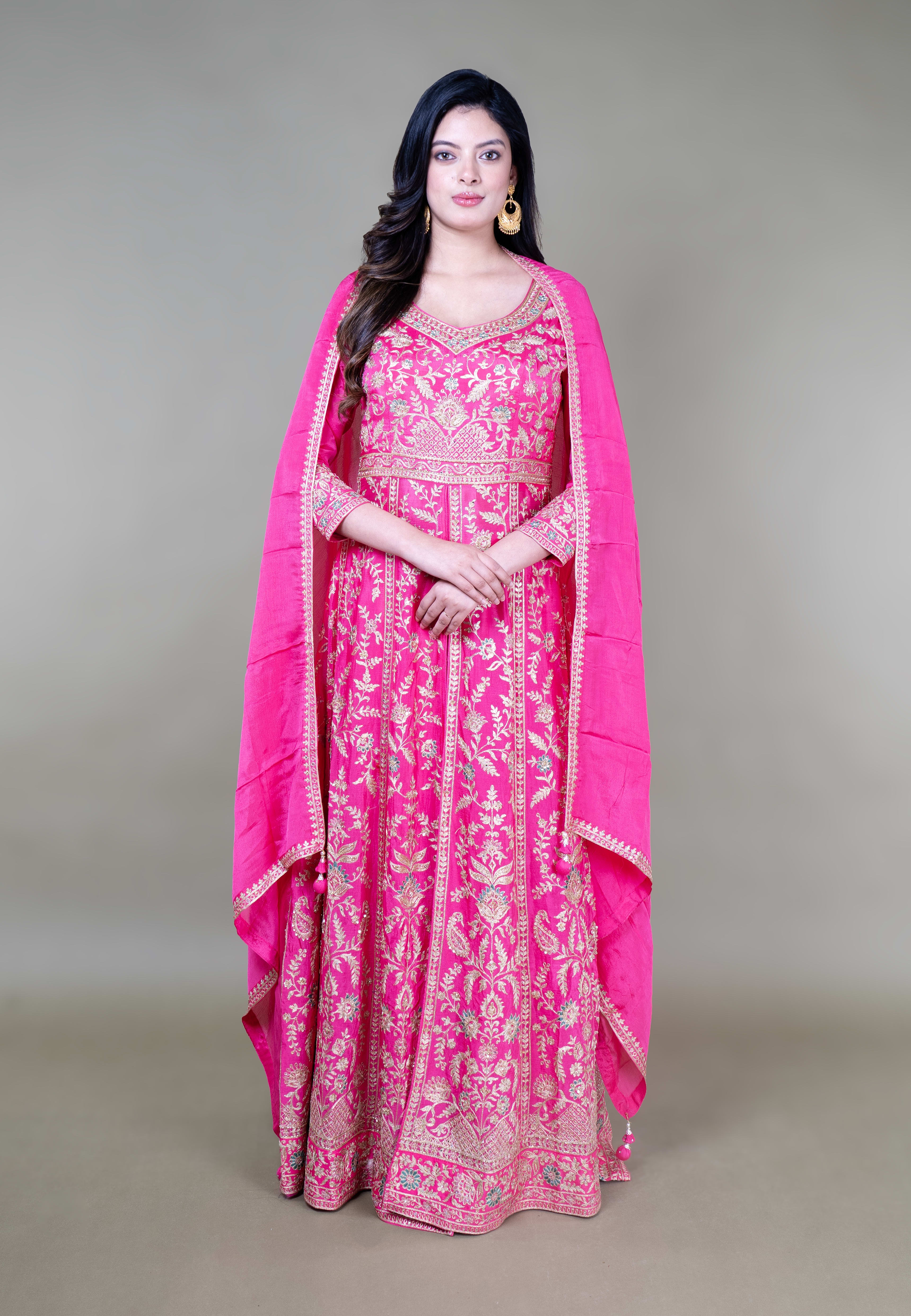 Rani Pink Long Anarkoli+Middle Cut Suit With Skirt