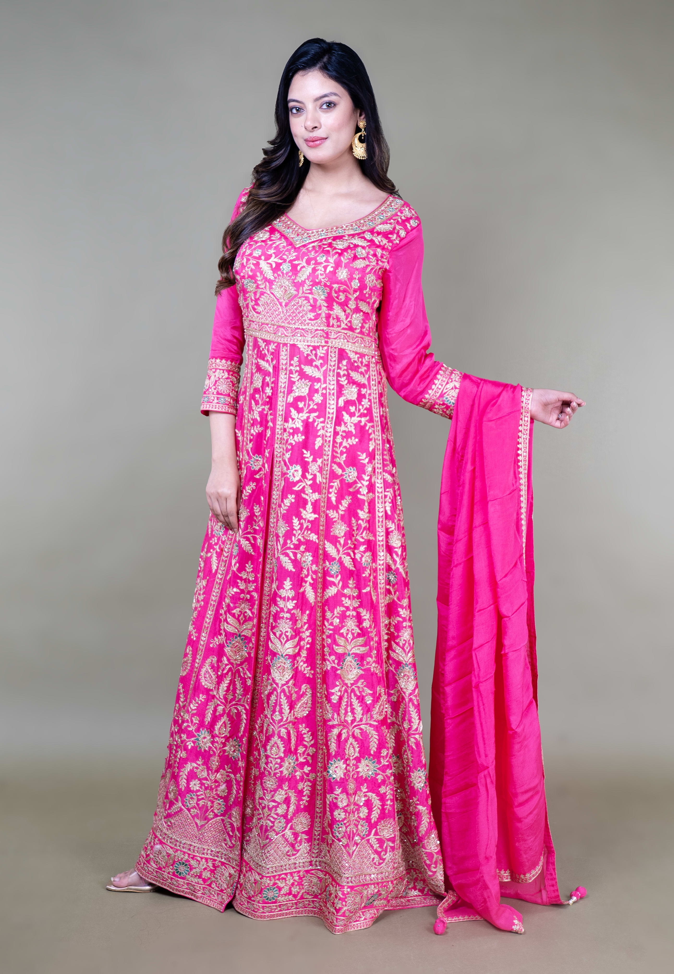 Rani Pink Long Anarkoli+Middle Cut Suit With Skirt
