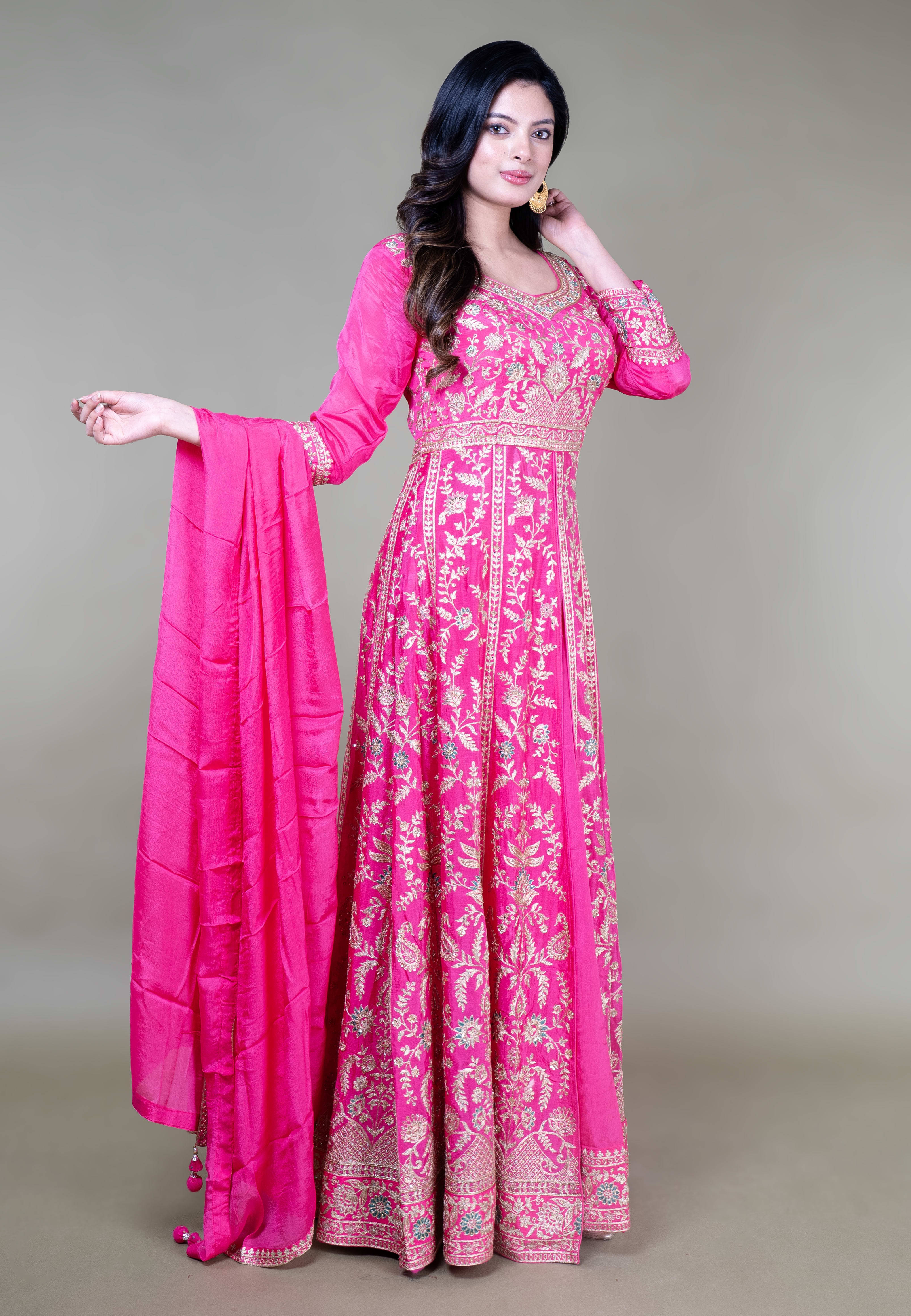 Rani Pink Long Anarkoli+Middle Cut Suit With Skirt