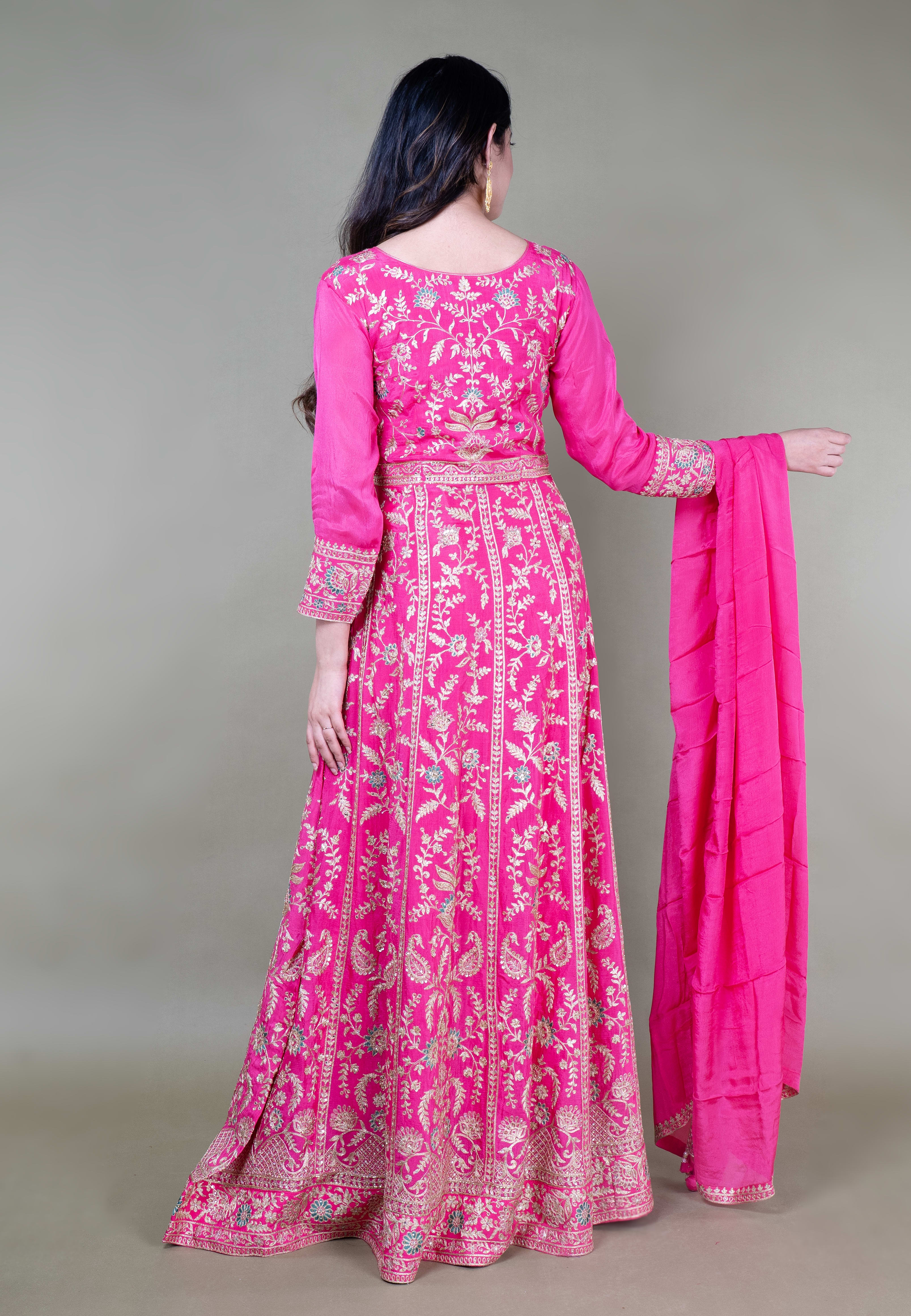 Rani Pink Long Anarkoli+Middle Cut Suit With Skirt