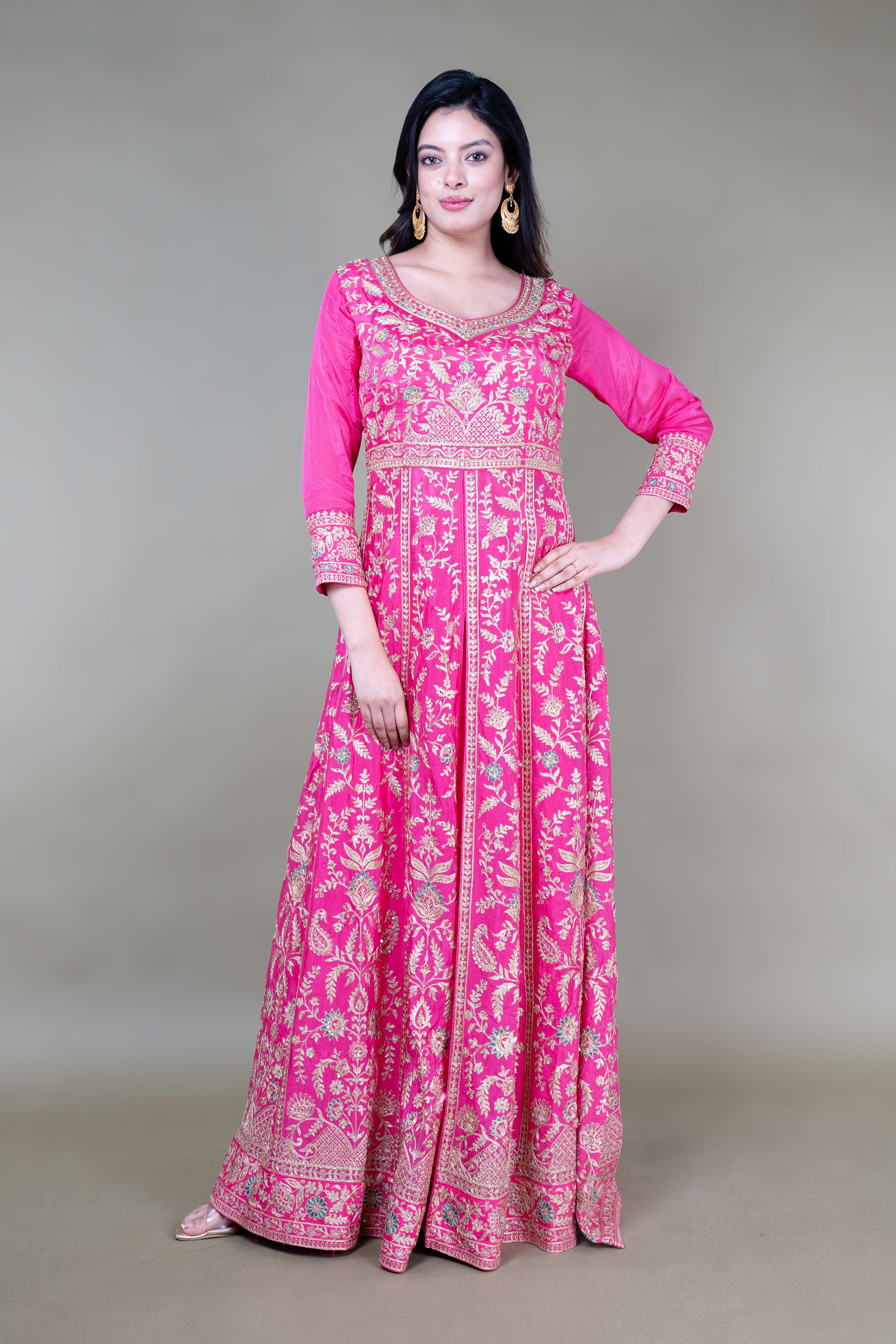 Rani Pink Long Anarkoli+Middle Cut Suit With Skirt