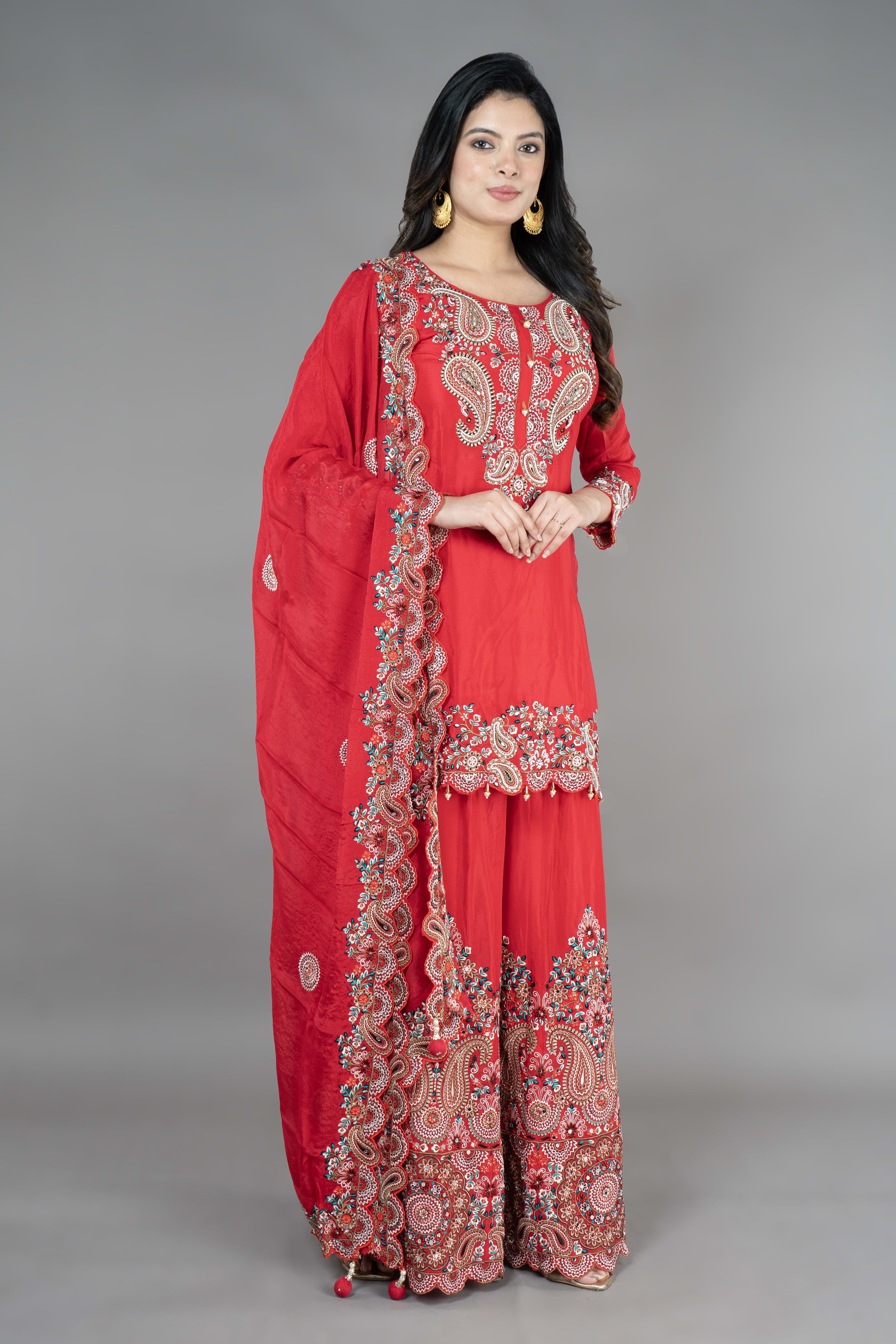 Red Straight Suit With Sarara