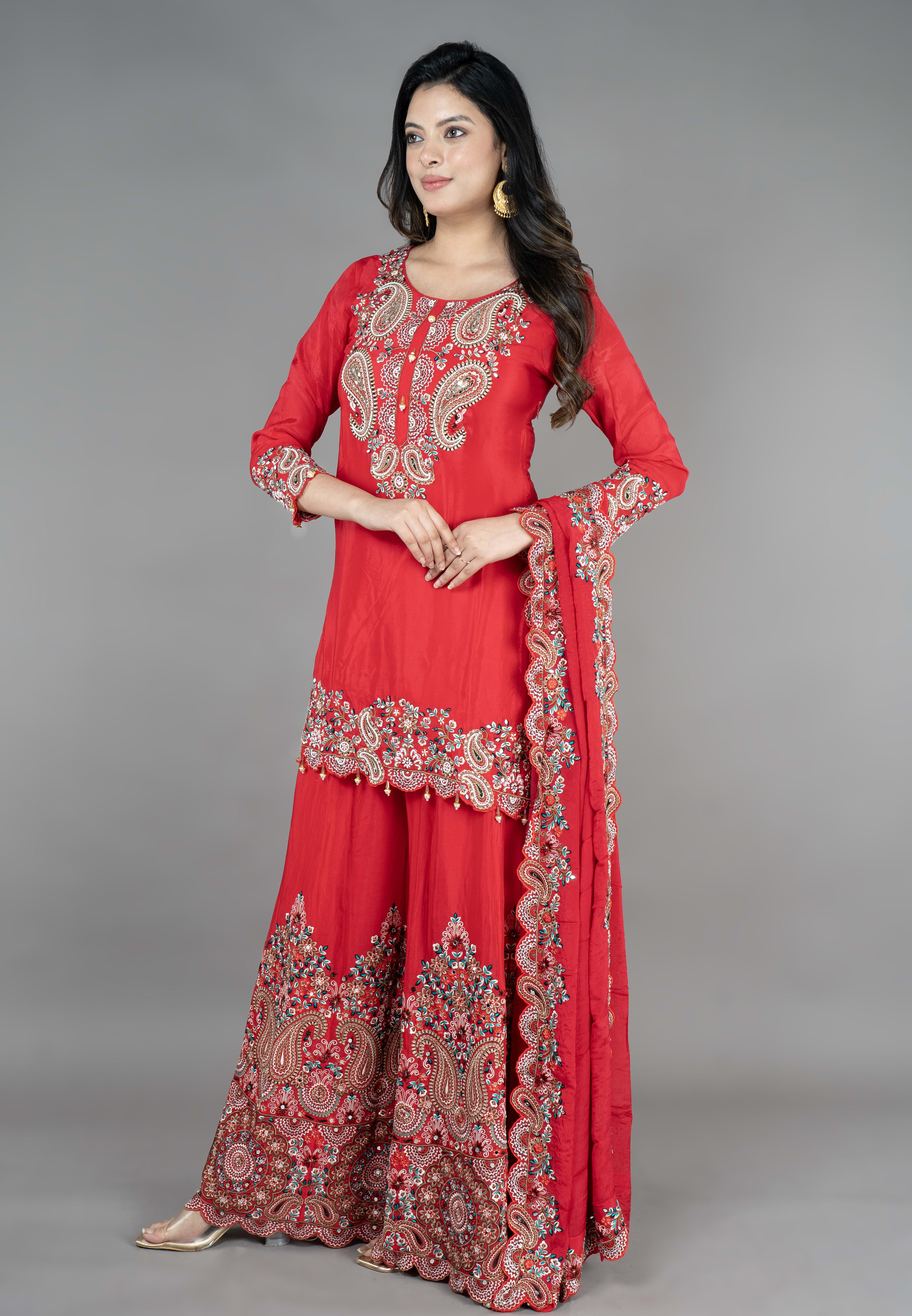 Red Straight Suit With Sarara