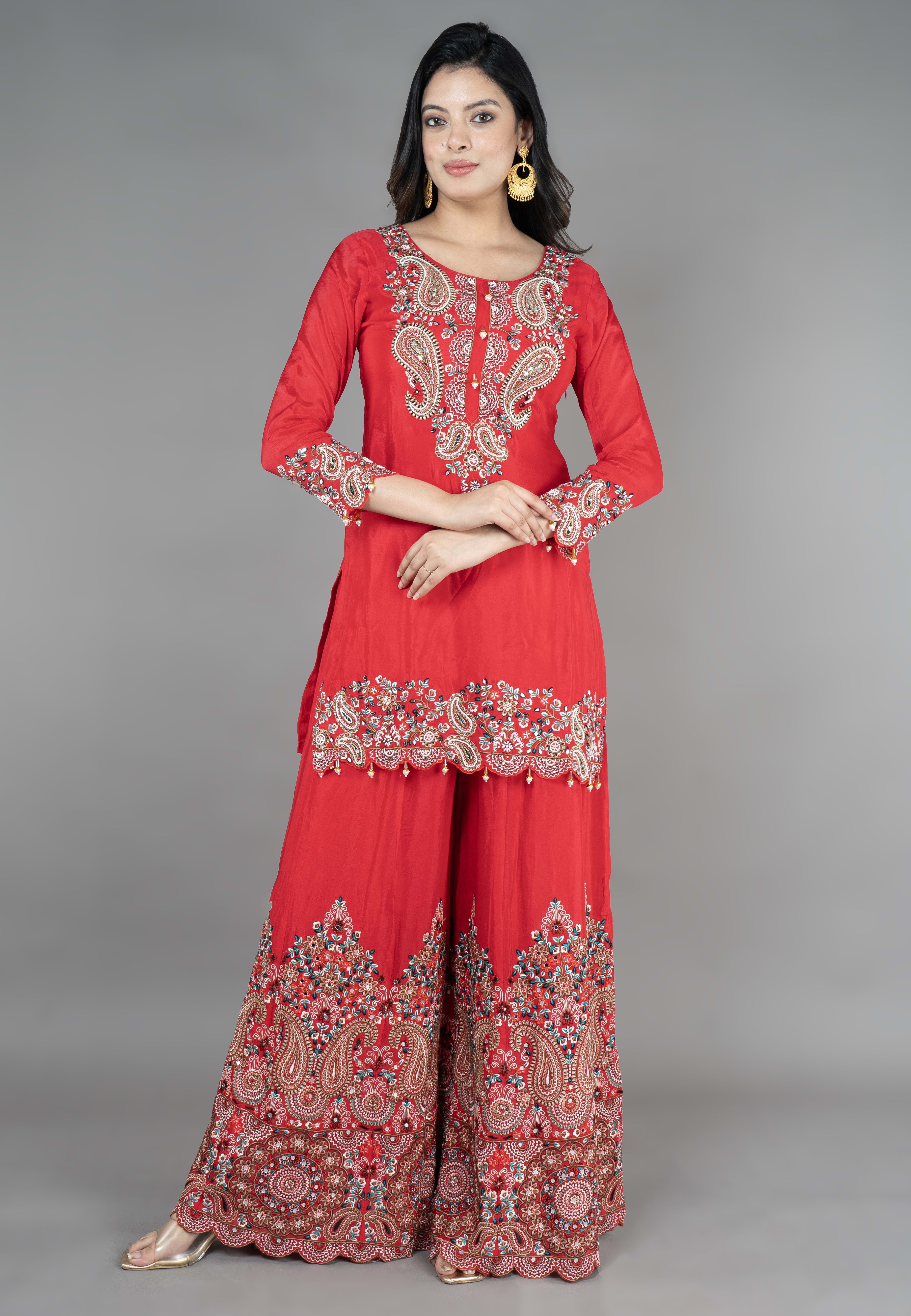 Red Straight Suit With Sarara