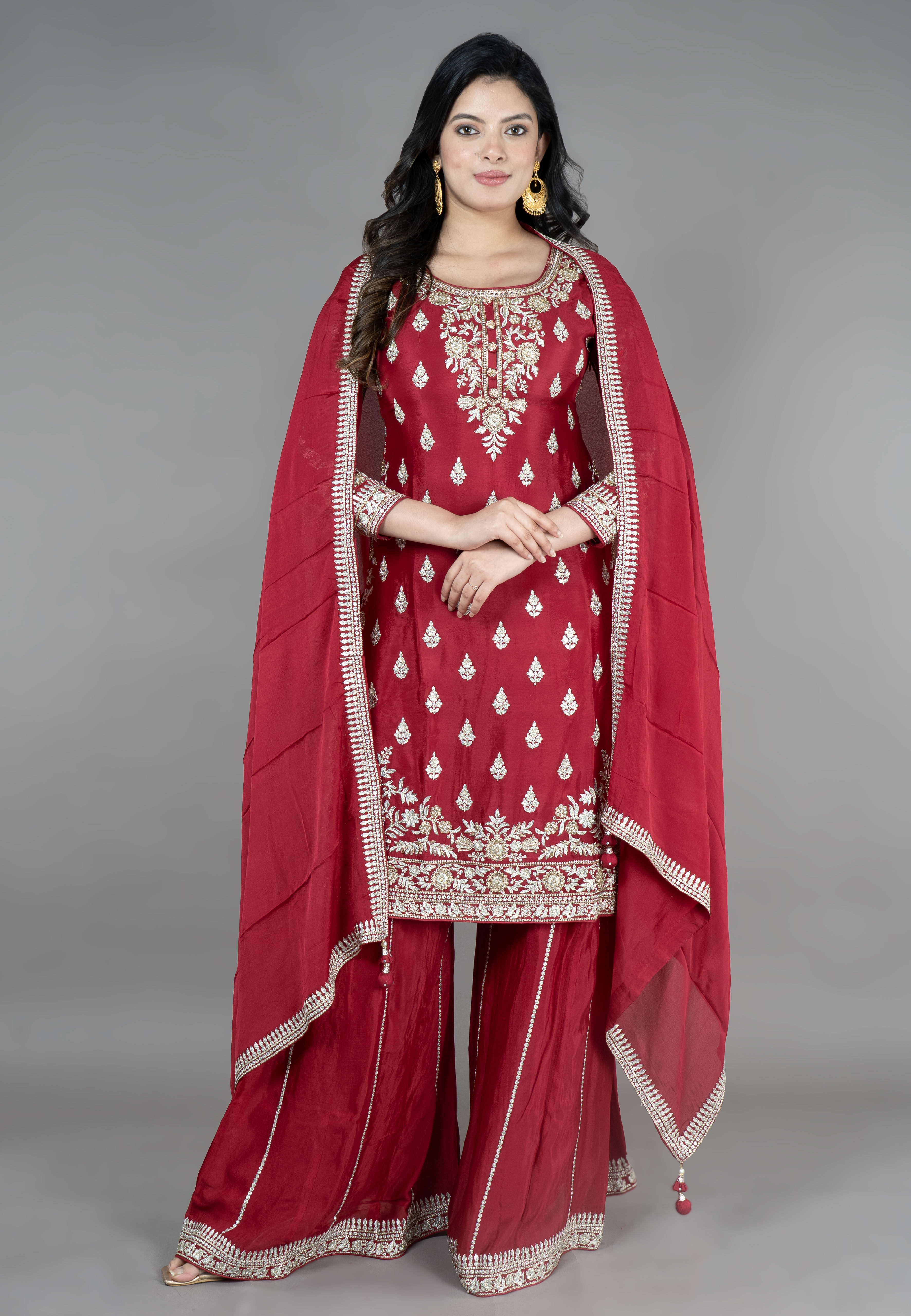 Maroon Straight Suit With Palazzo Pant