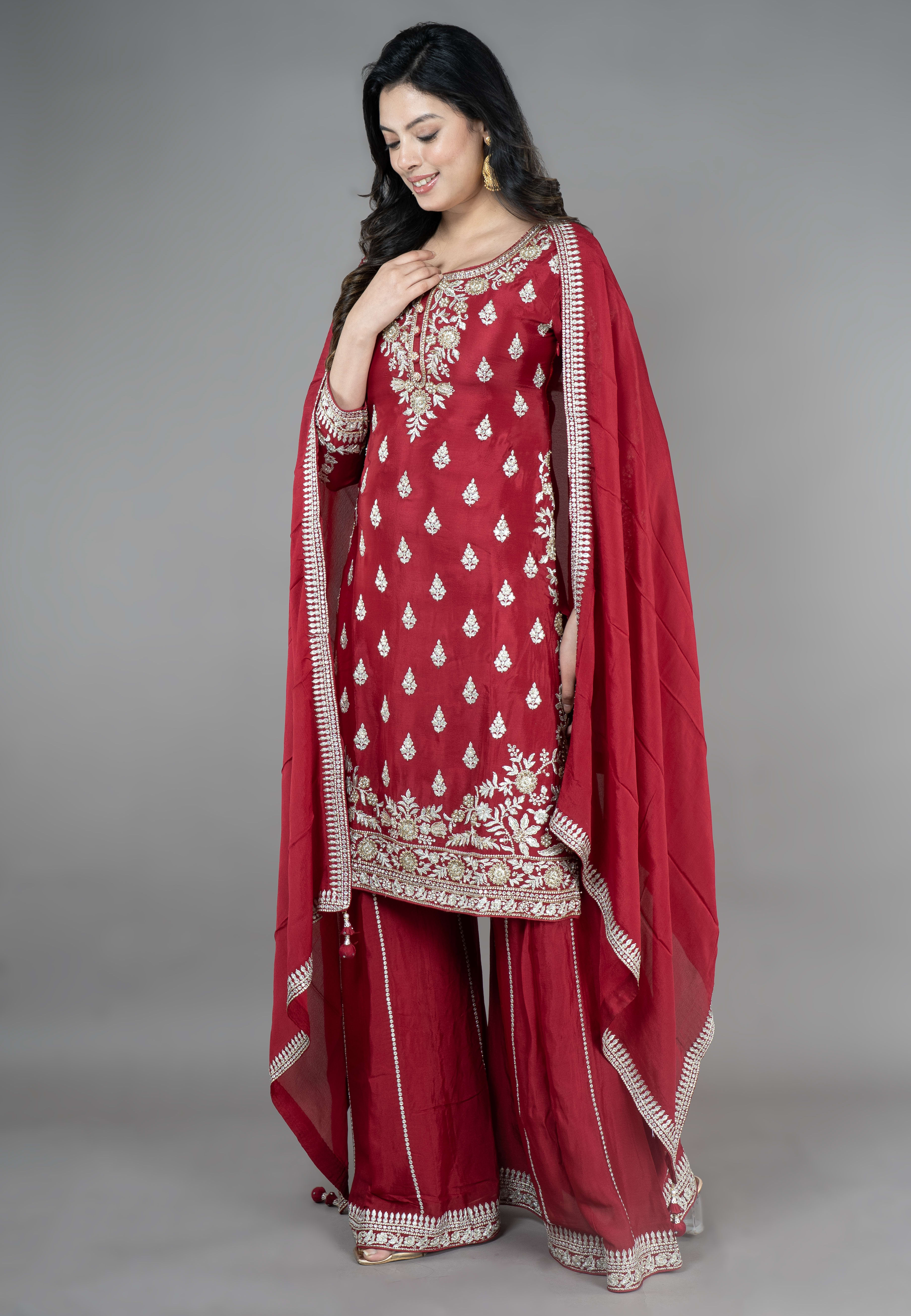 Maroon Straight Suit With Palazzo Pant