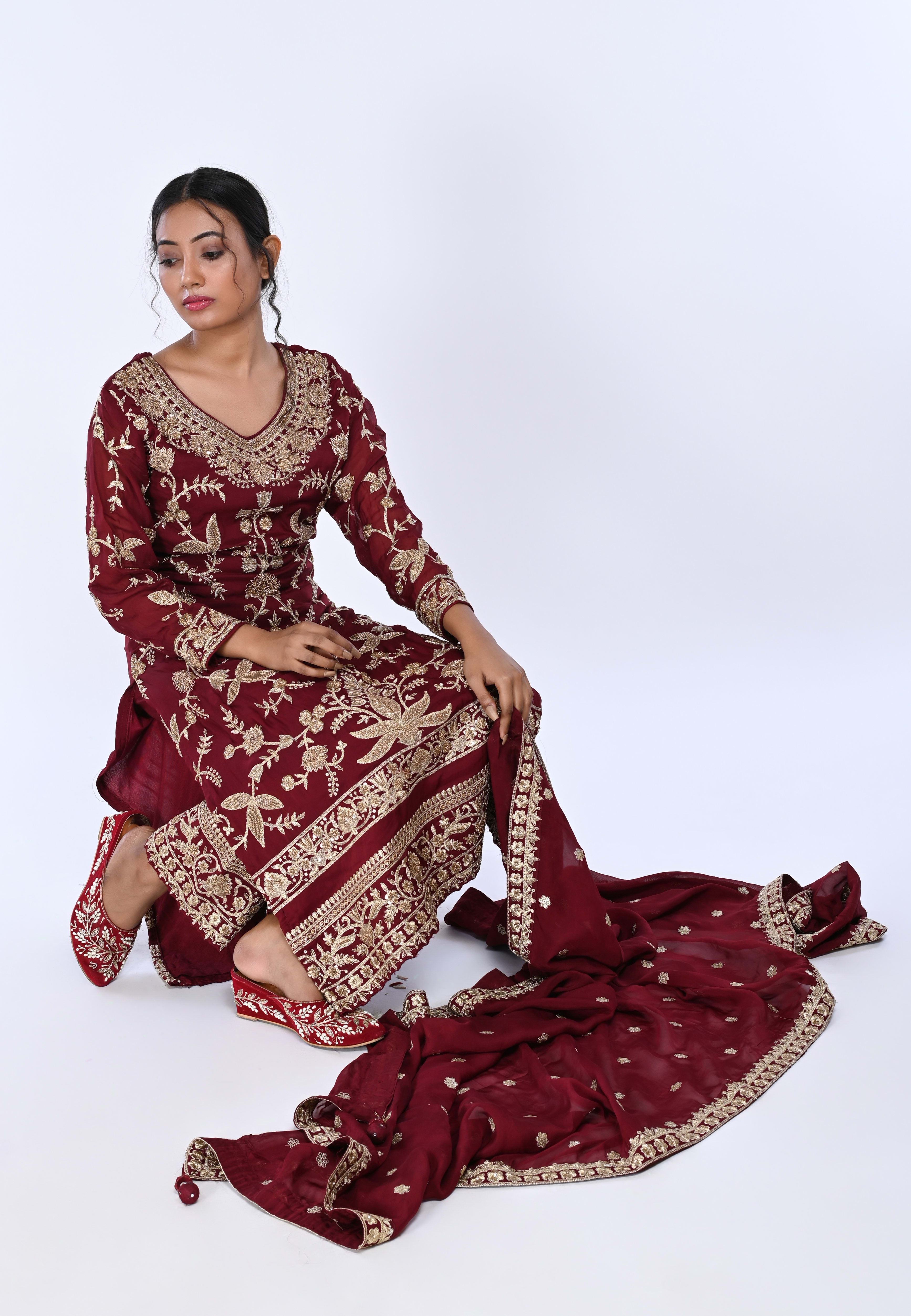 Maroon Long Straight Suit With Pant