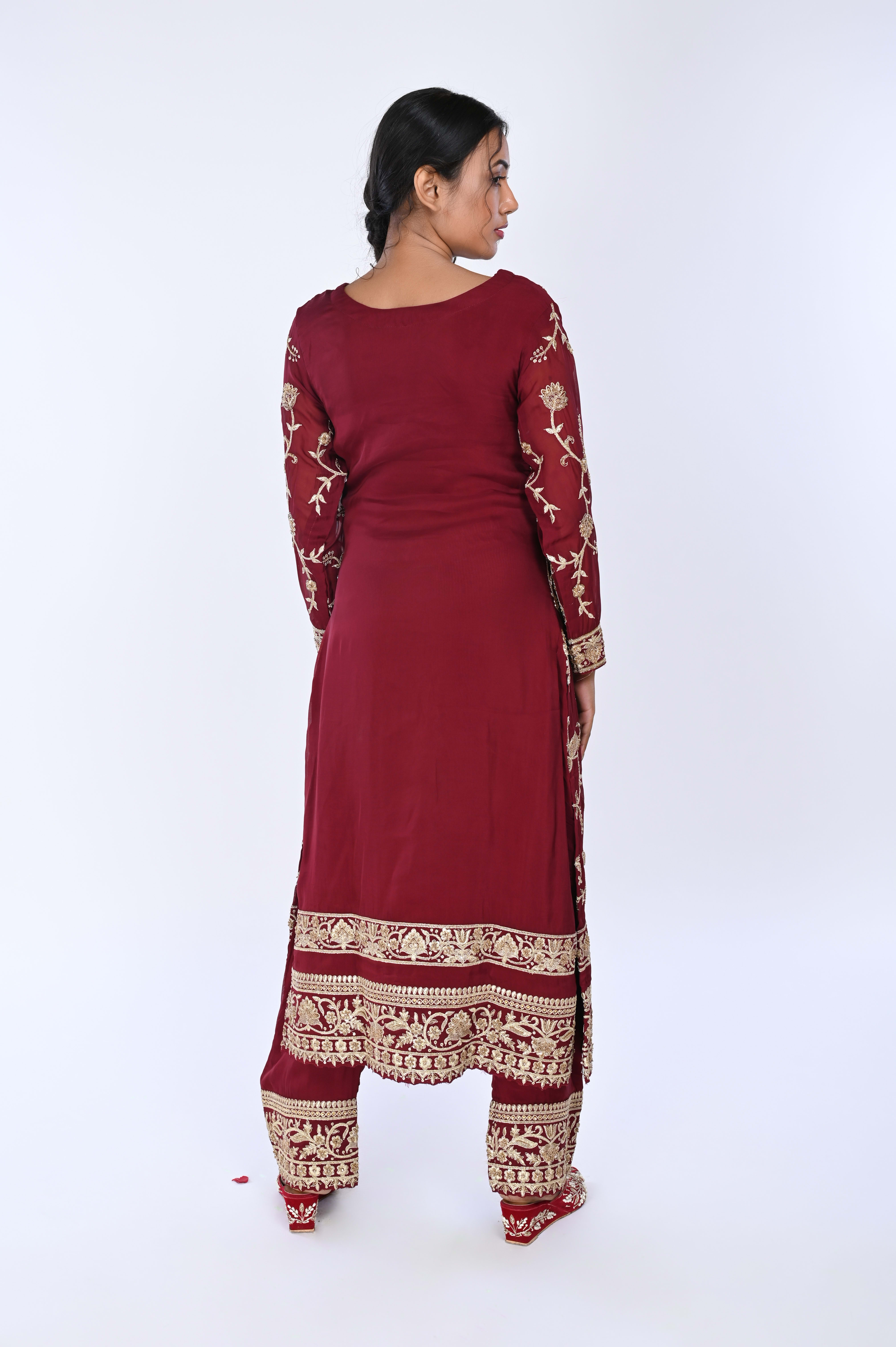 Maroon Long Straight Suit With Pant
