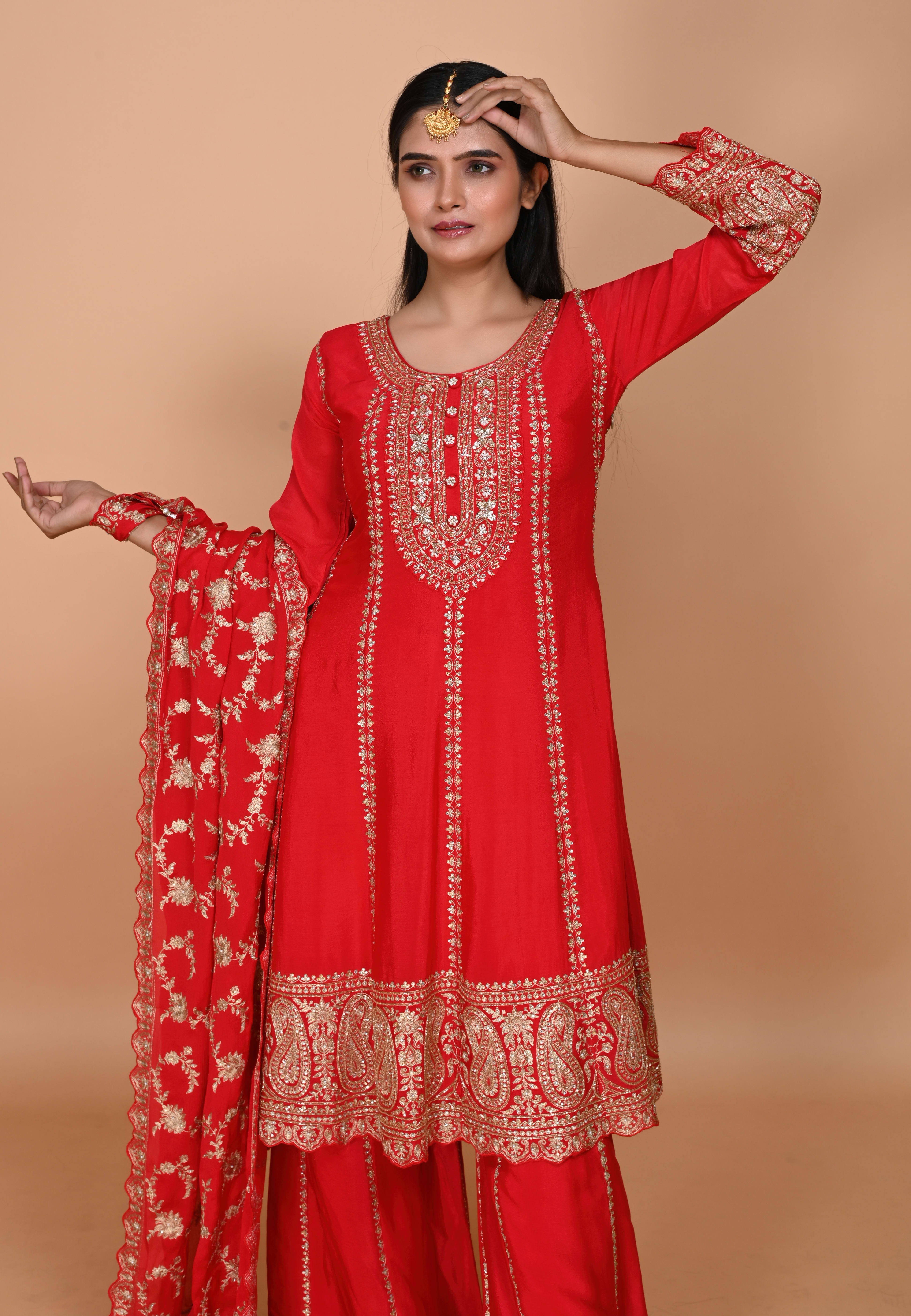 Red Paplom Suit With Palazzo Pant