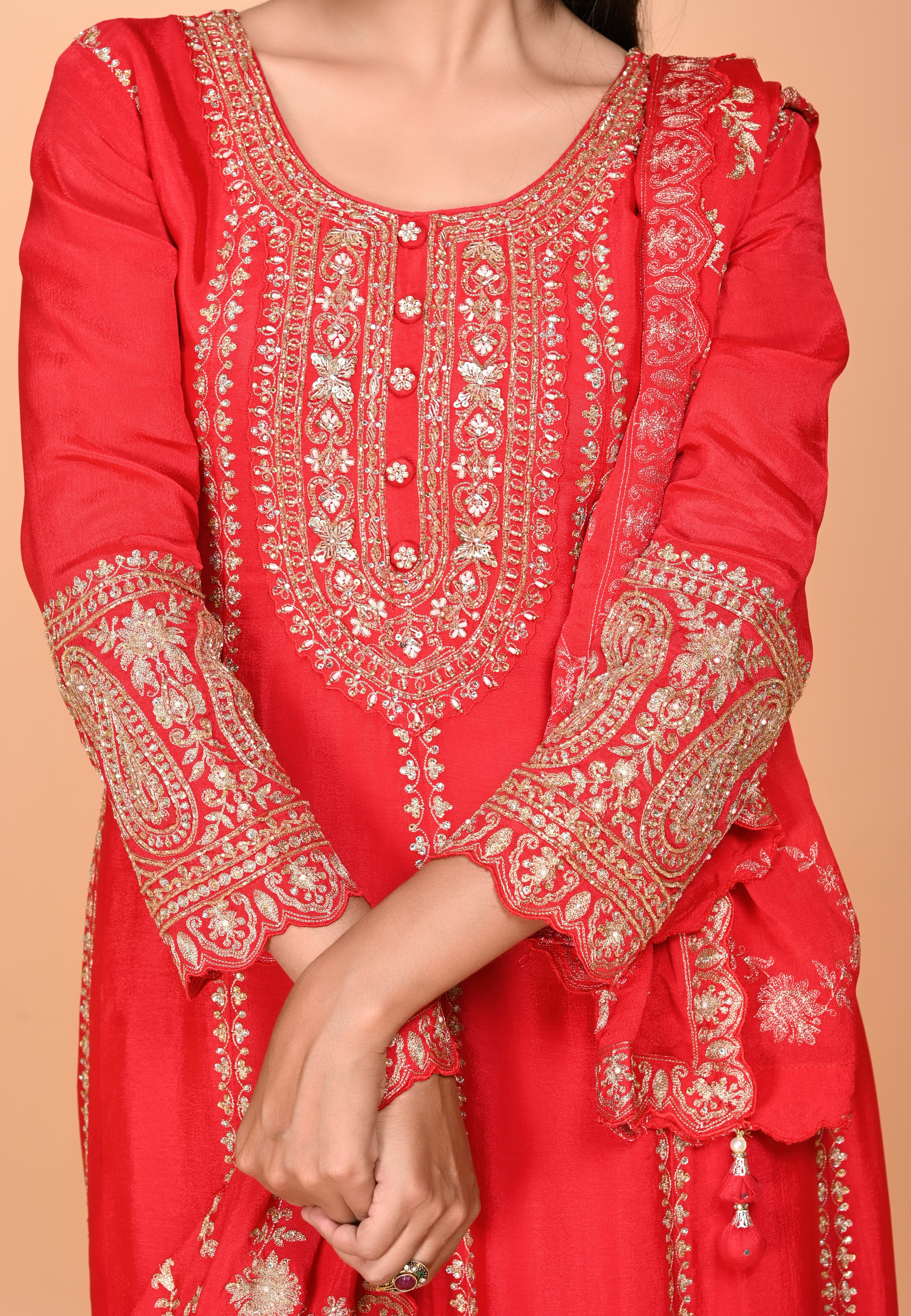 Red Paplom Suit With Palazzo Pant