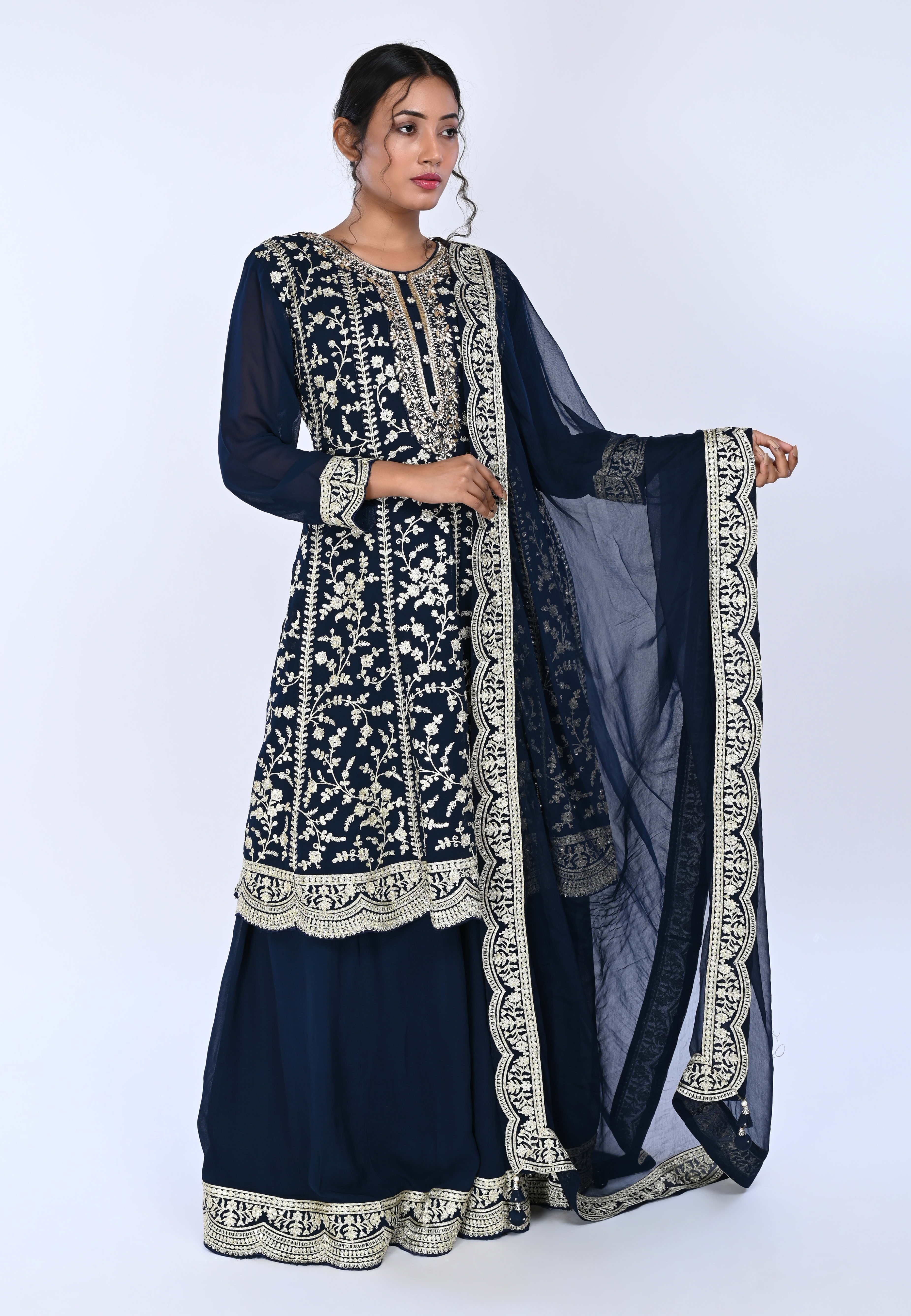 Navy Paplom Suit With Skirt
