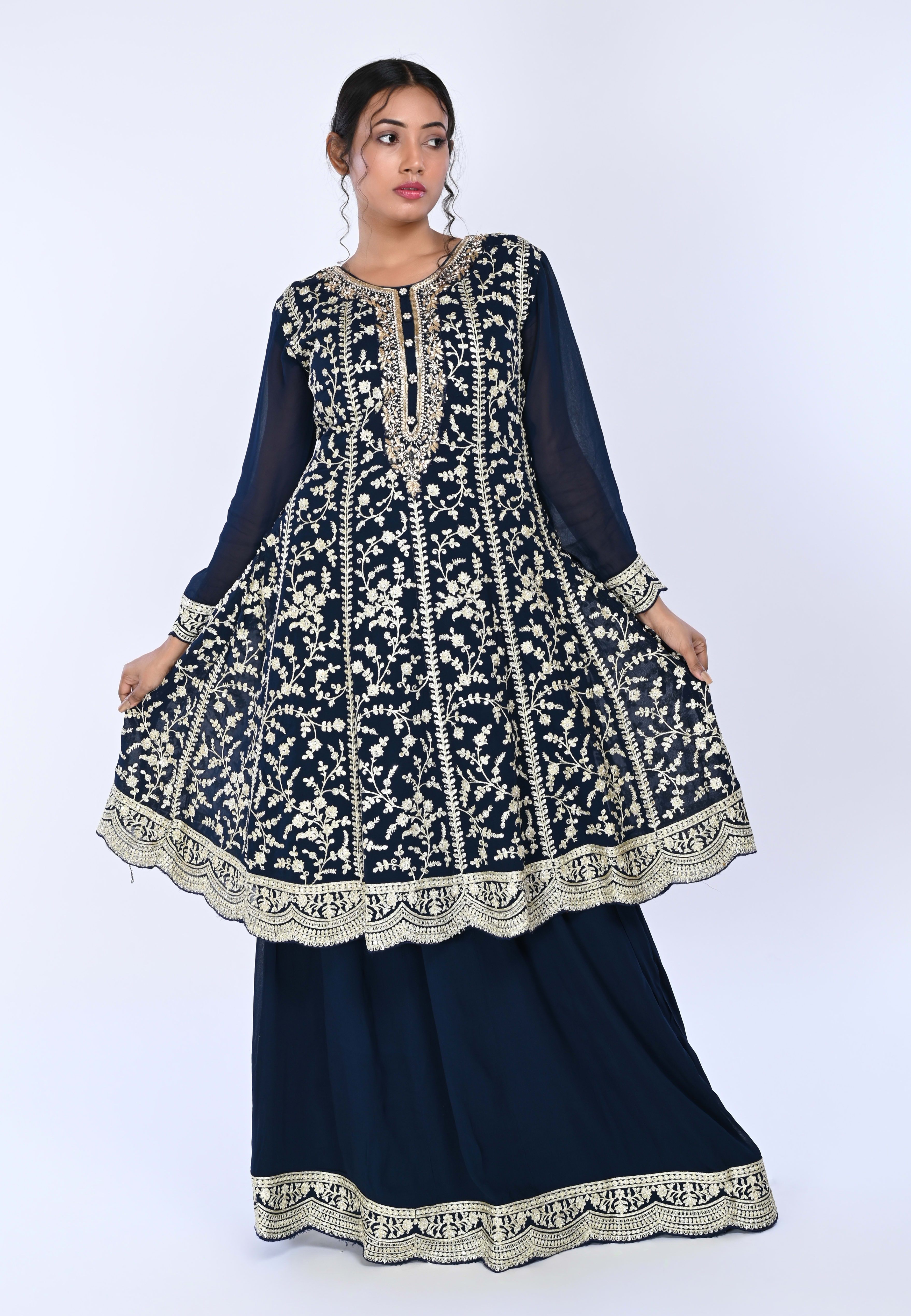 Navy Paplom Suit With Skirt