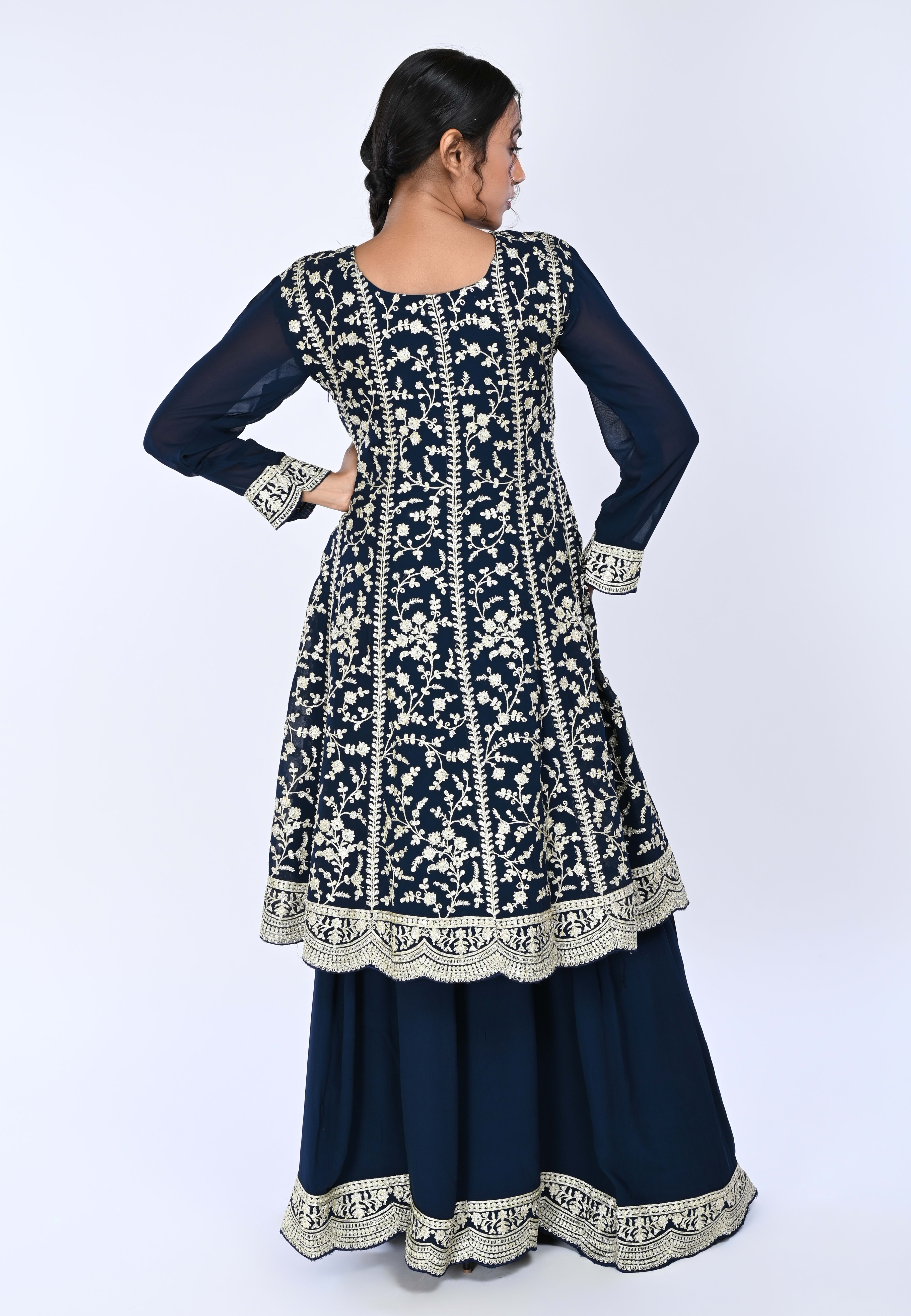 Navy Paplom Suit With Skirt