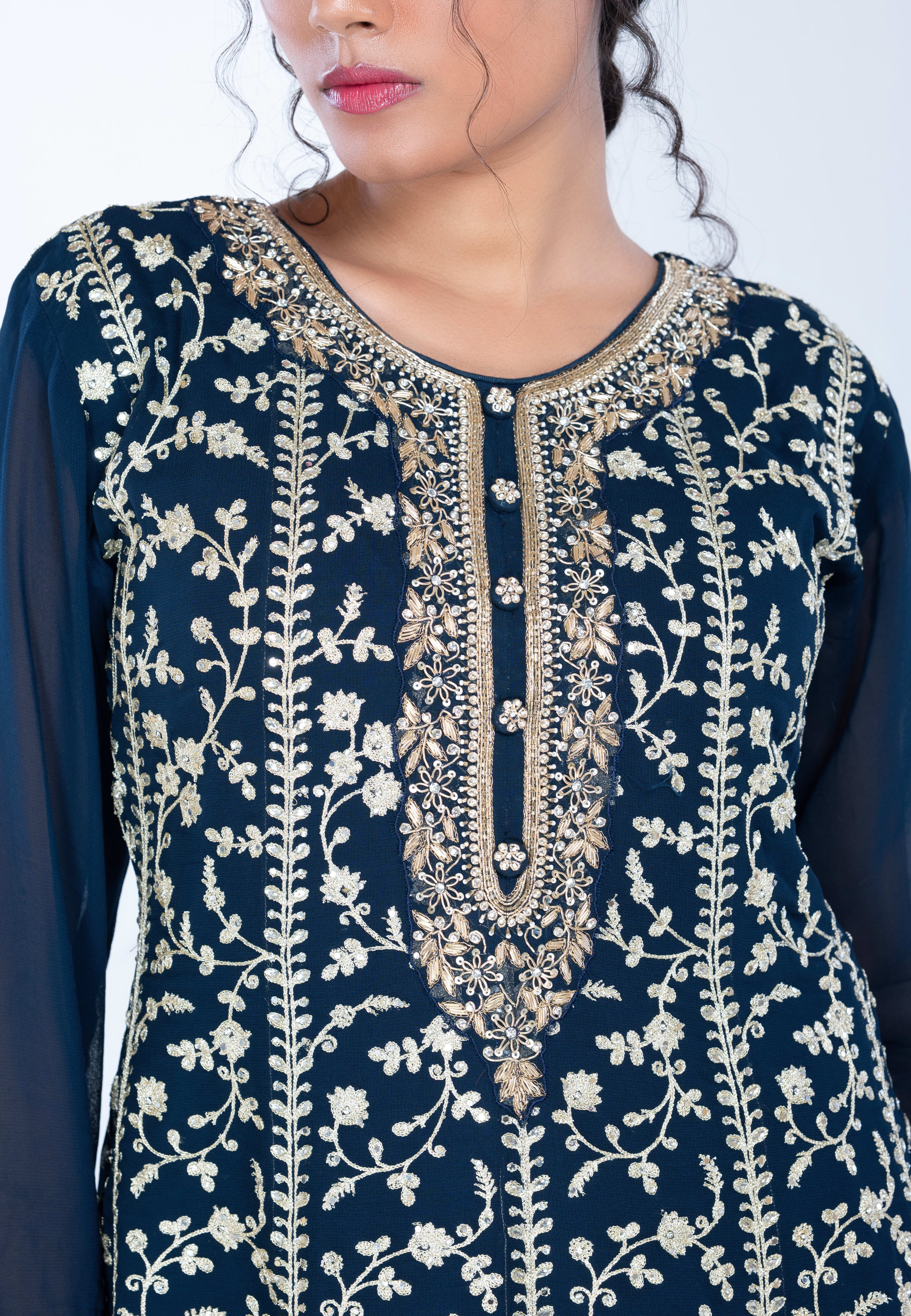 Navy Paplom Suit With Skirt