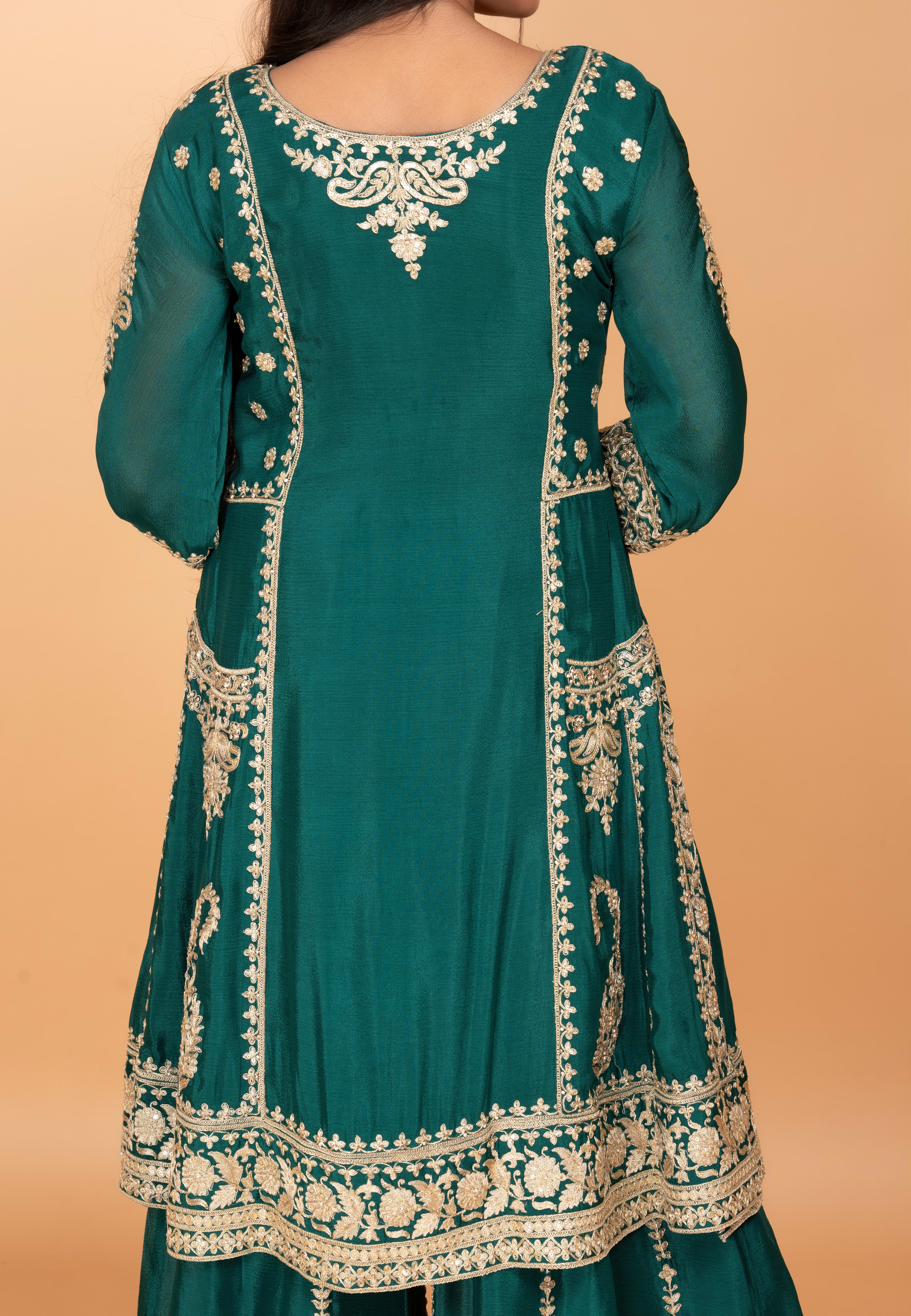 Bottle Green Straight Suit With Palazzo Pant