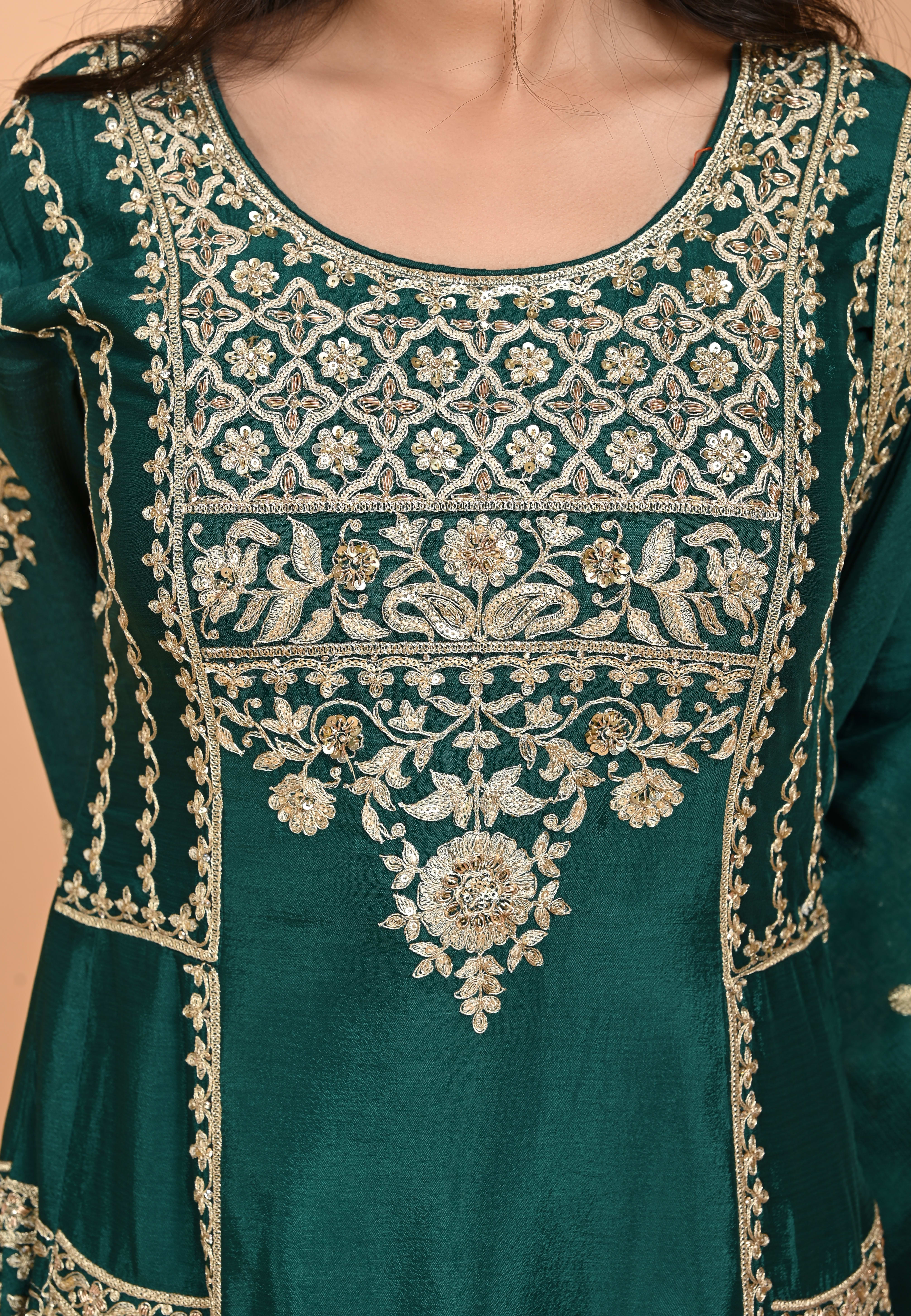 Bottle Green Straight Suit With Palazzo Pant