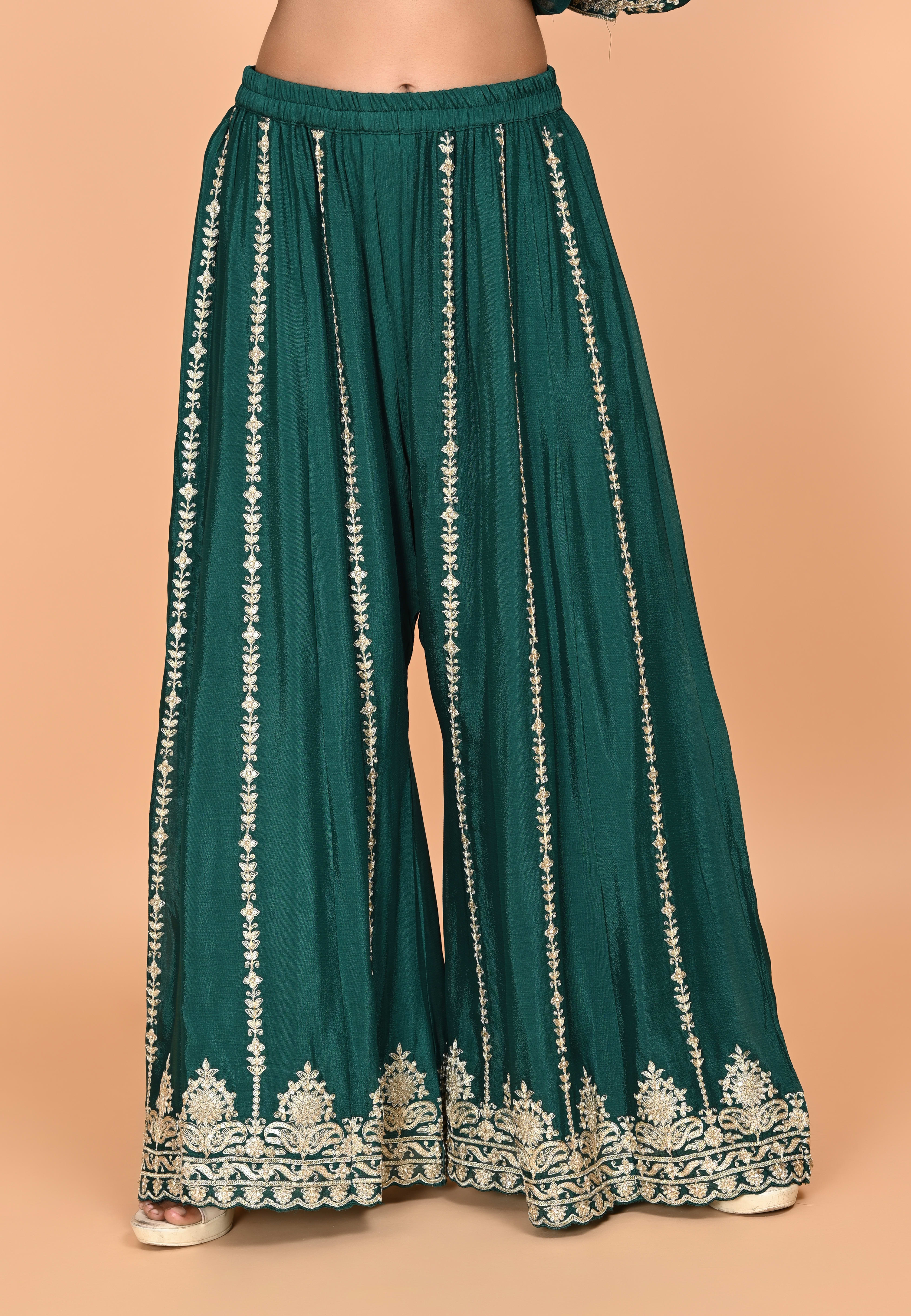 Bottle Green Straight Suit With Palazzo Pant
