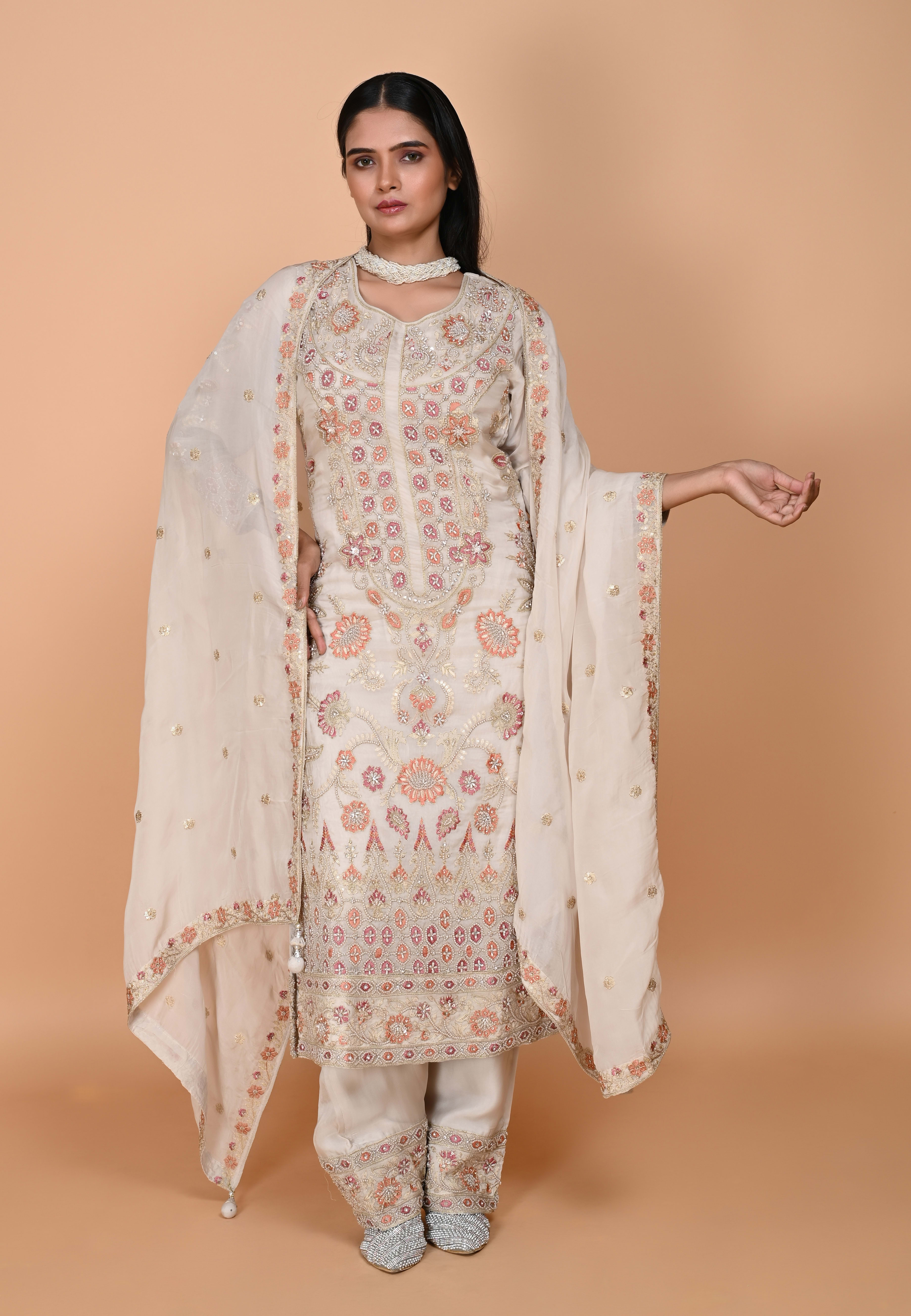 Beige Long straight suit with pants