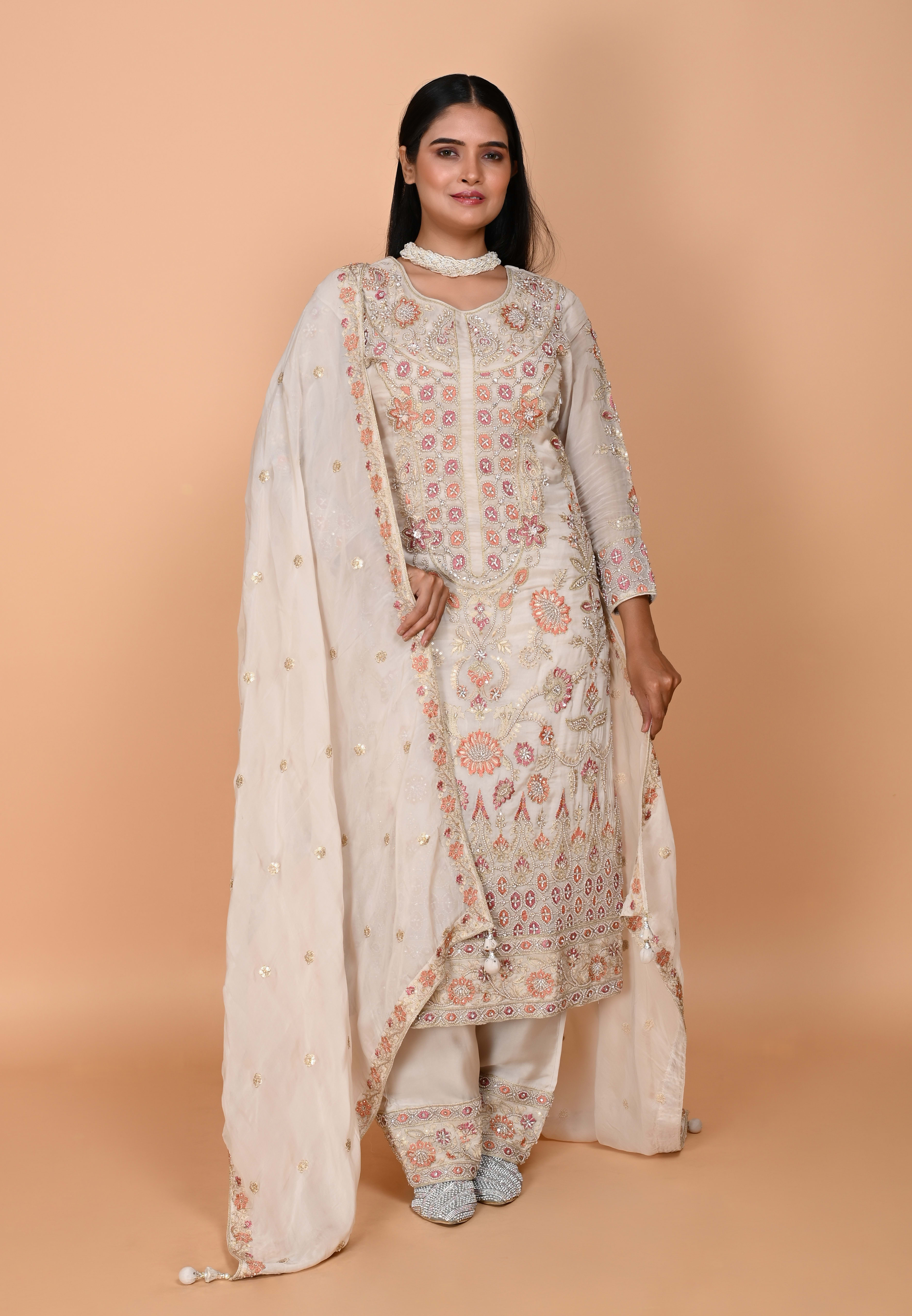 Beige Long straight suit with pants