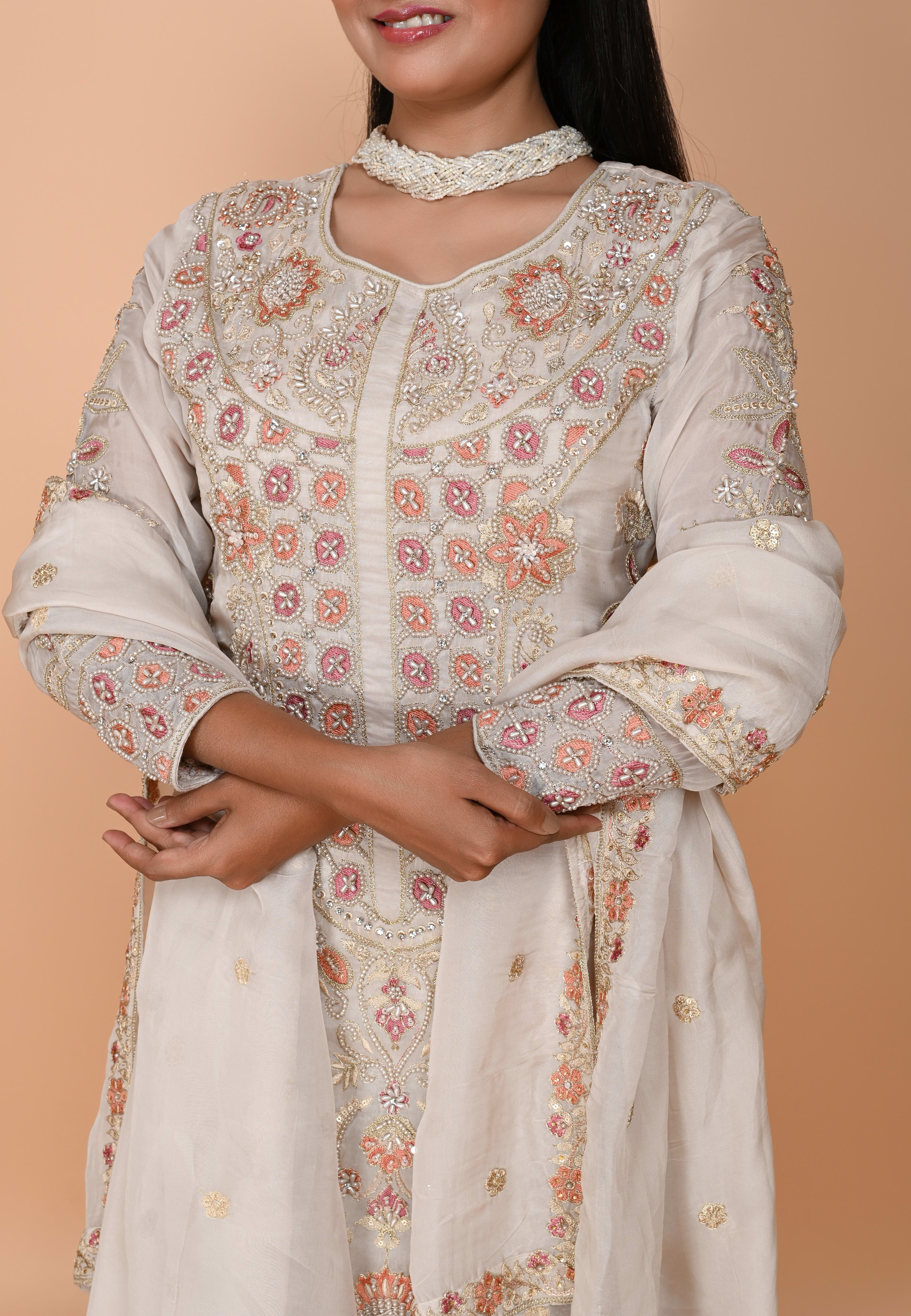 Beige Long straight suit with pants