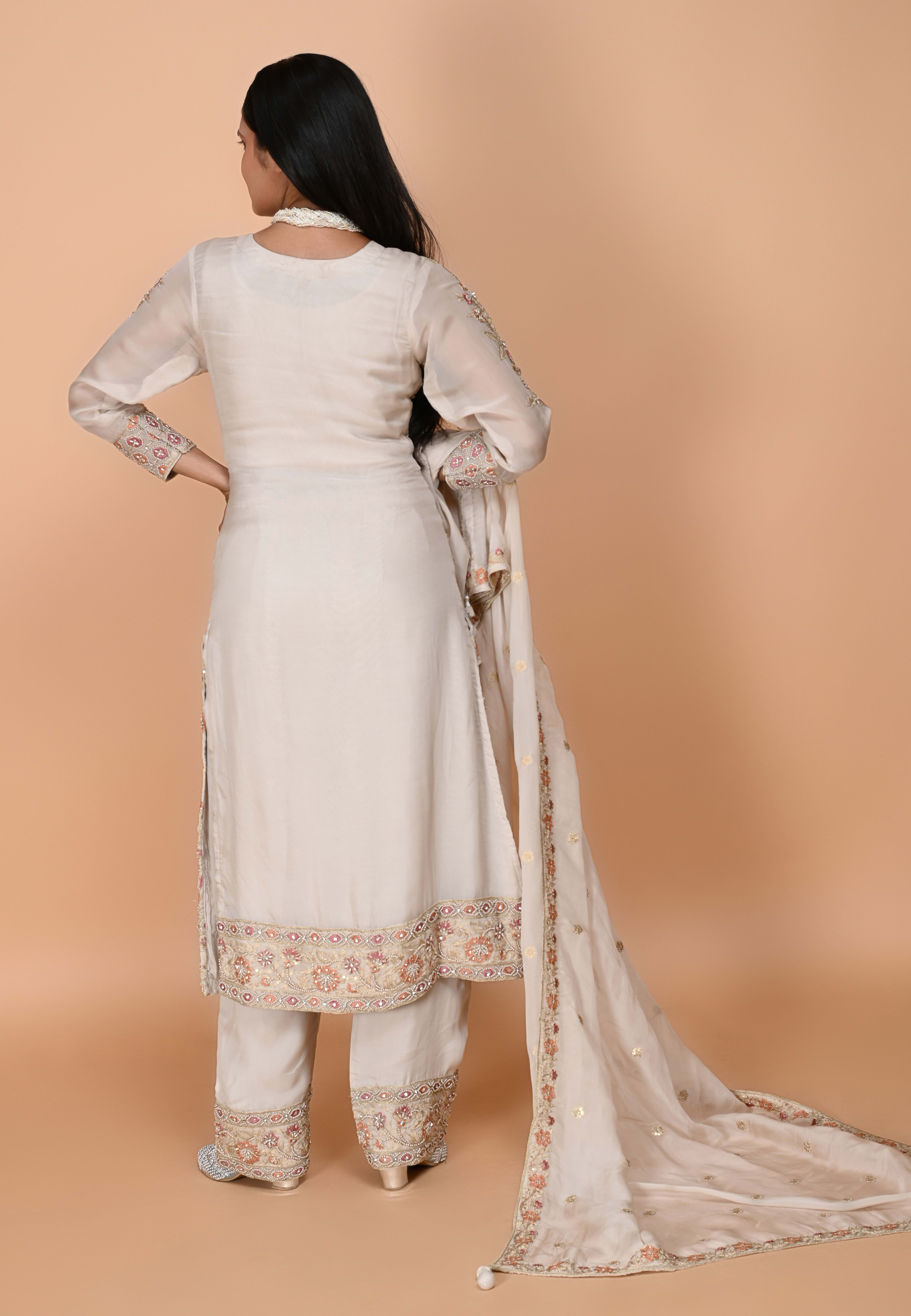 Beige Long straight suit with pants