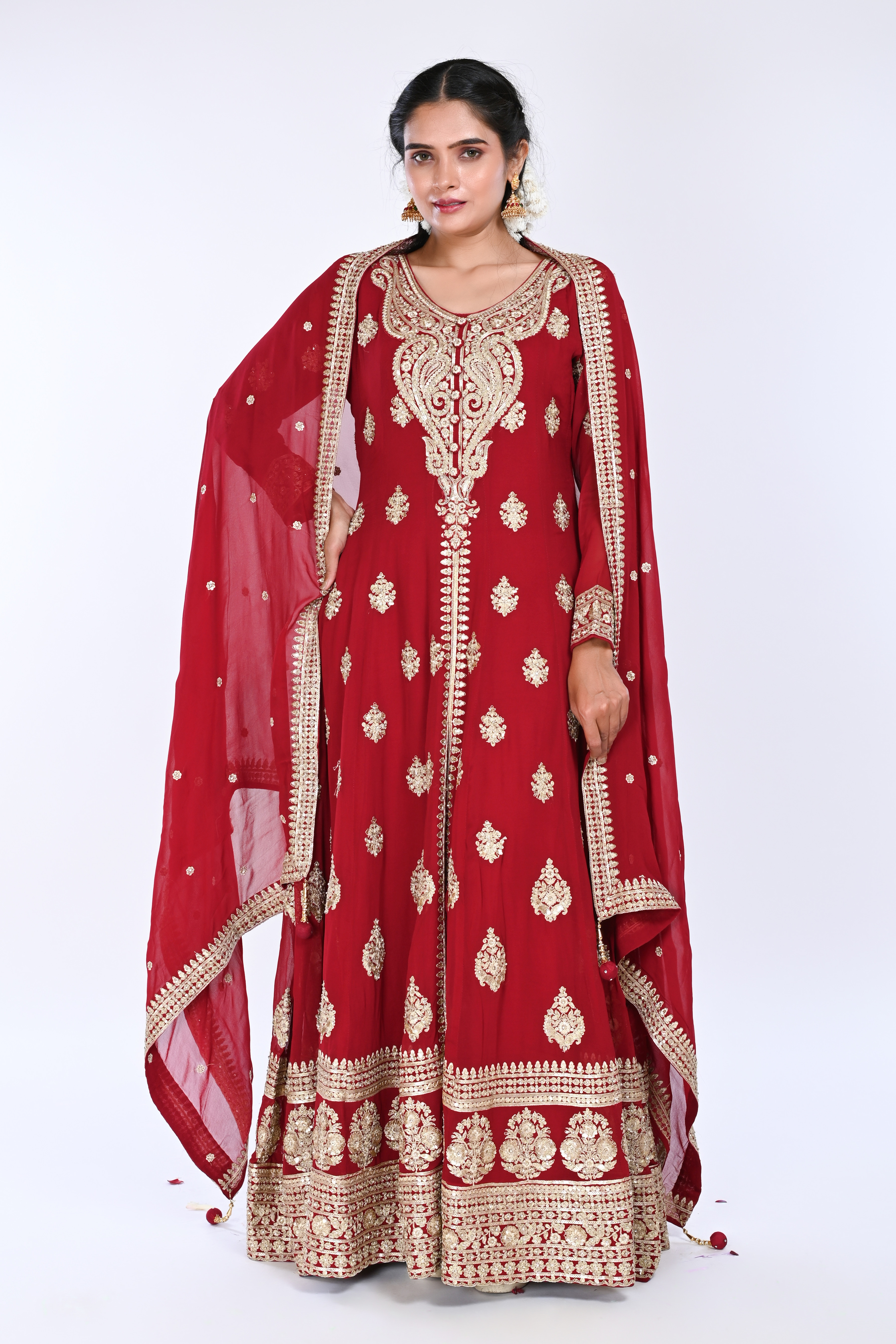 Maroon Long Anarkoli+Middle Cut Suit With Pant