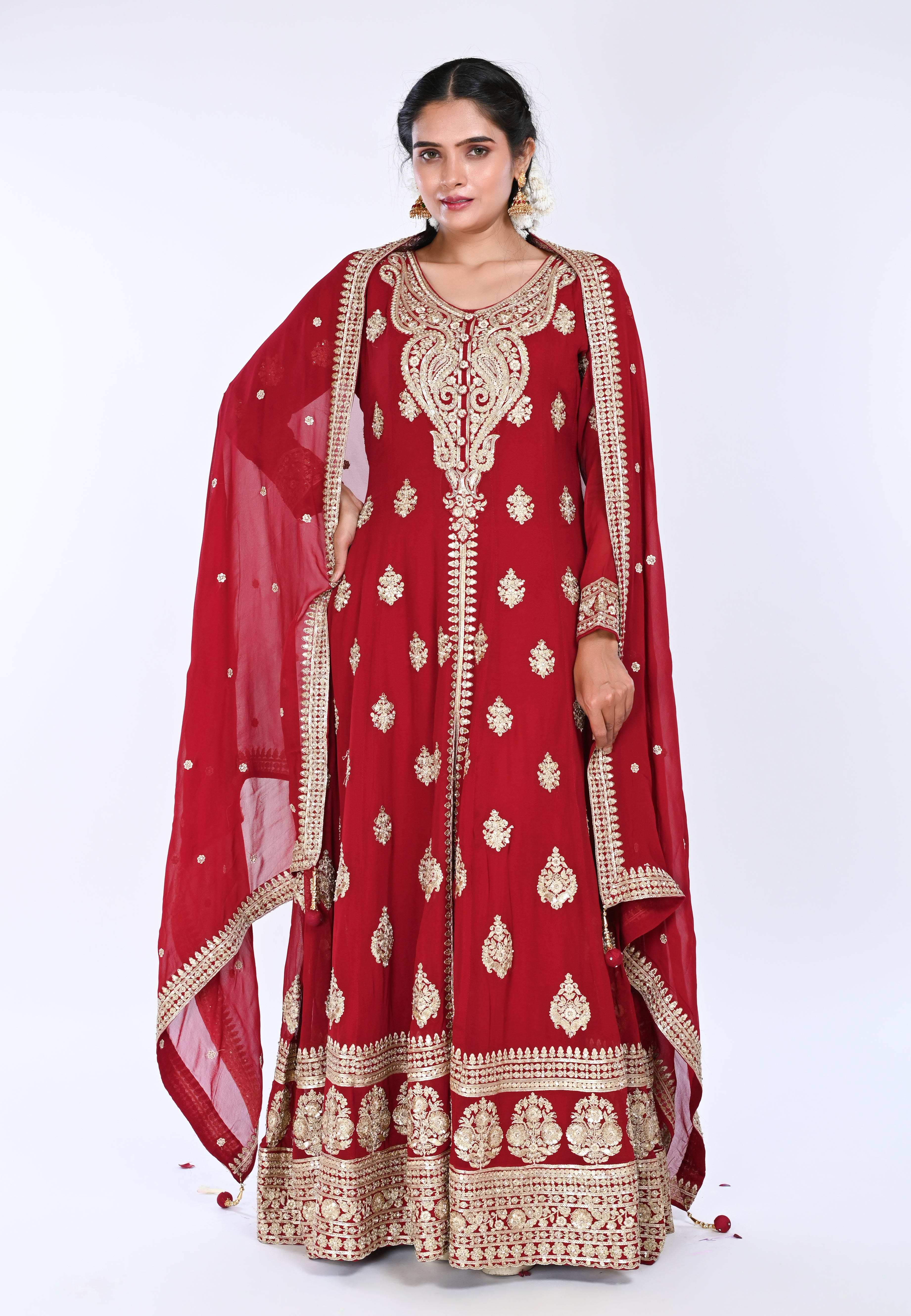 Maroon Long Anarkoli+Middle Cut Suit With Pant