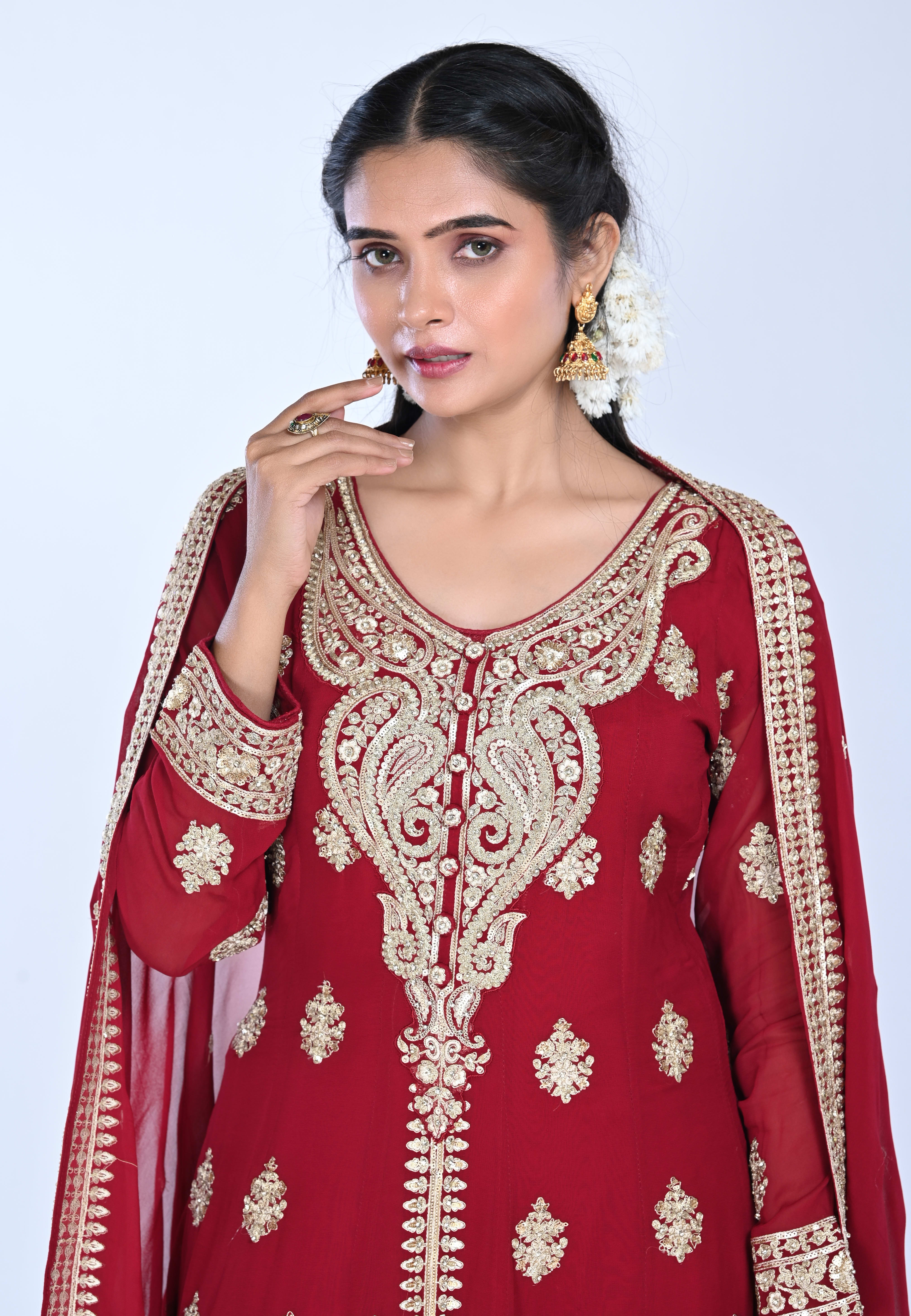Maroon Long Anarkoli+Middle Cut Suit With Pant