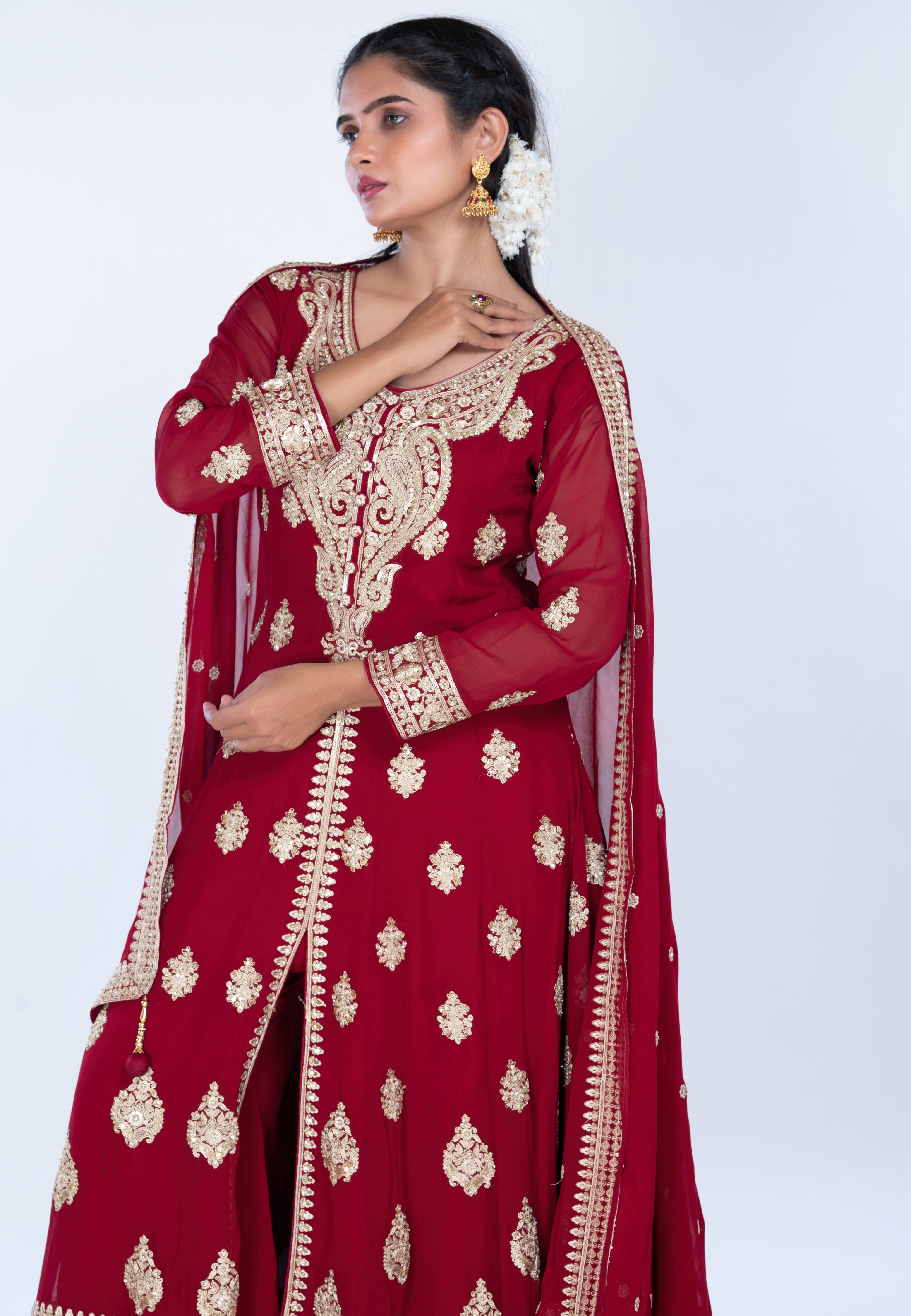 Maroon Long Anarkoli+Middle Cut Suit With Pant