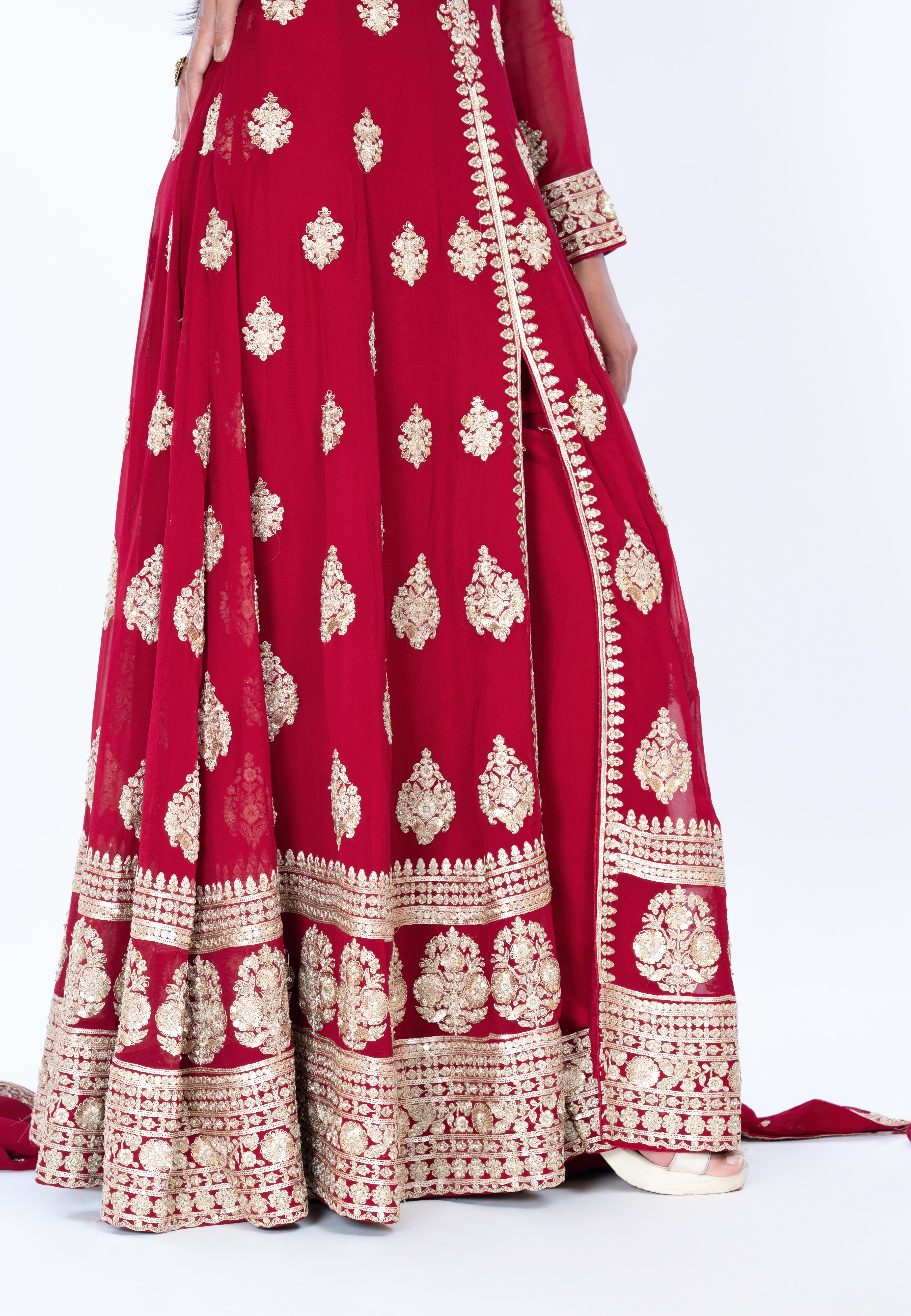 Maroon Long Anarkoli+Middle Cut Suit With Pant